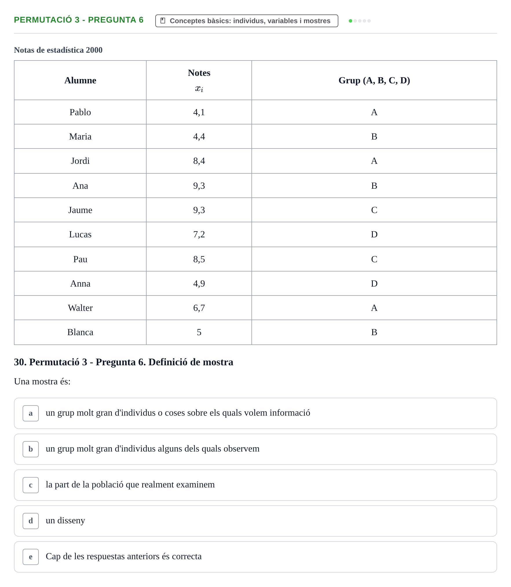 Enunciado: Ejercicio Permutació 3 - Pregunta 6 · Anàlisi de Dades UPF Test en classe 1. Anàlisi de Dades (Permutacions 1 a 5)