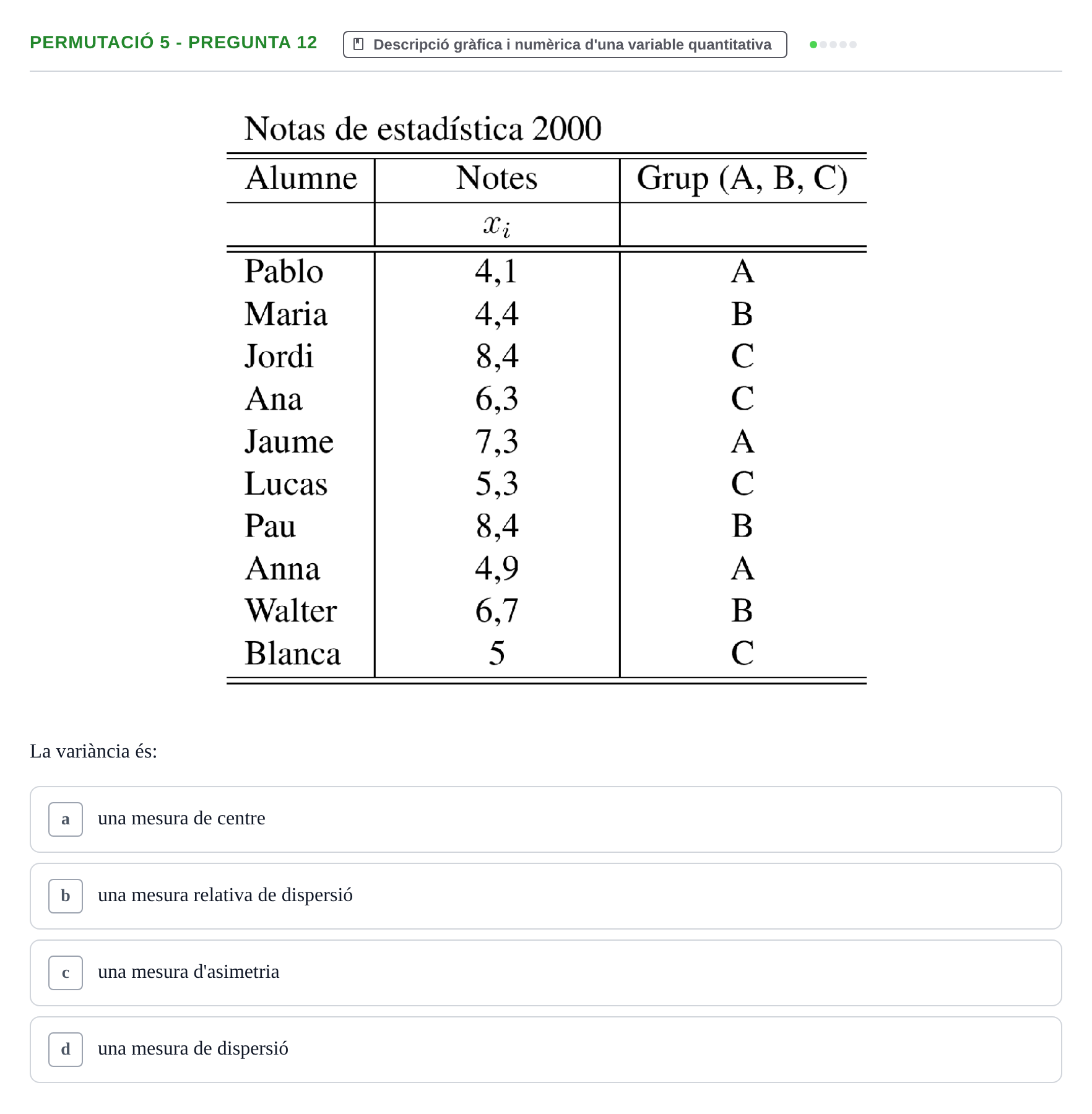 Enunciado: Ejercicio Permutació 5 - Pregunta 12 · Anàlisi de Dades UPF Test en classe 1. Anàlisi de Dades (Permutacions 1 a 5)