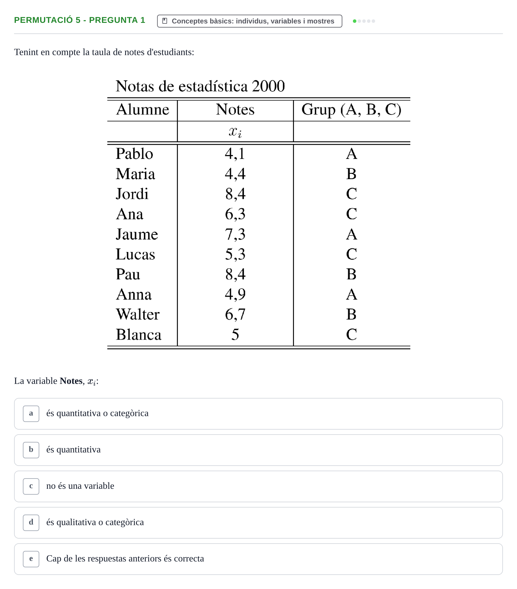 Enunciado: Ejercicio Permutació 5 - Pregunta 1 · Anàlisi de Dades UPF Test en classe 1. Anàlisi de Dades (Permutacions 1 a 5)