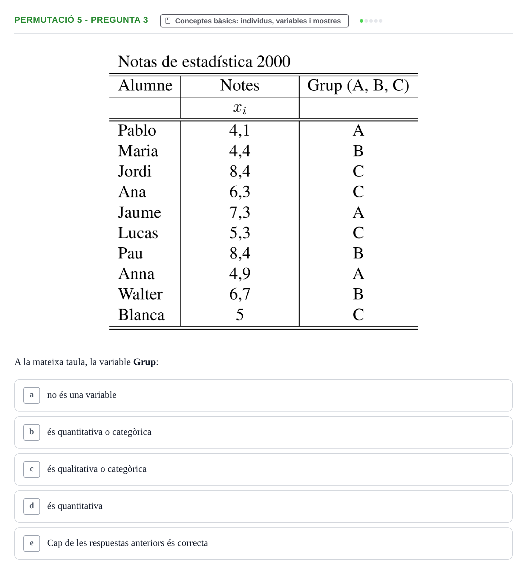 Enunciado: Ejercicio Permutació 5 - Pregunta 3 · Anàlisi de Dades UPF Test en classe 1. Anàlisi de Dades (Permutacions 1 a 5)