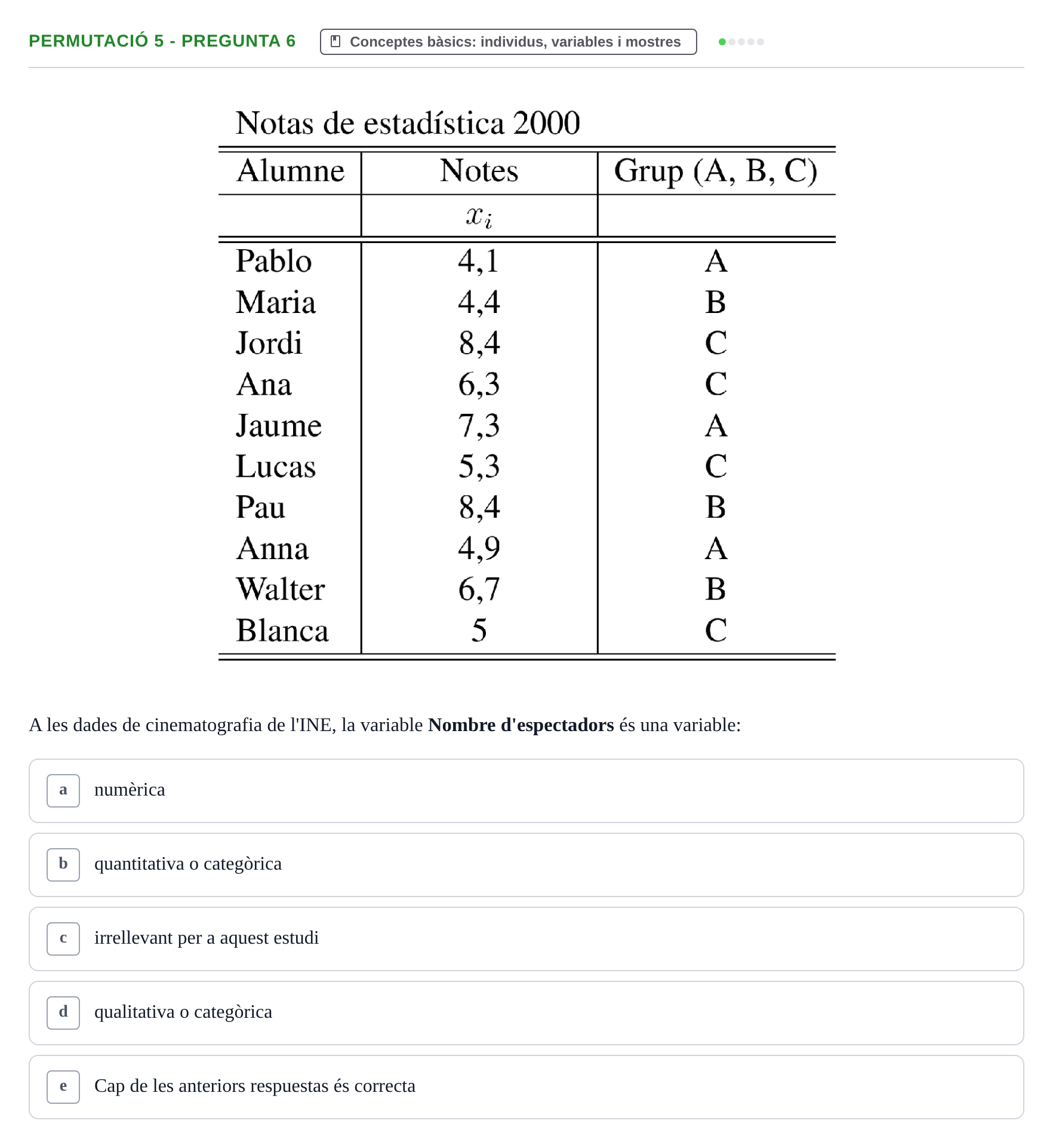 Enunciado: Ejercicio Permutació 5 - Pregunta 6 · Anàlisi de Dades UPF Test en classe 1. Anàlisi de Dades (Permutacions 1 a 5)