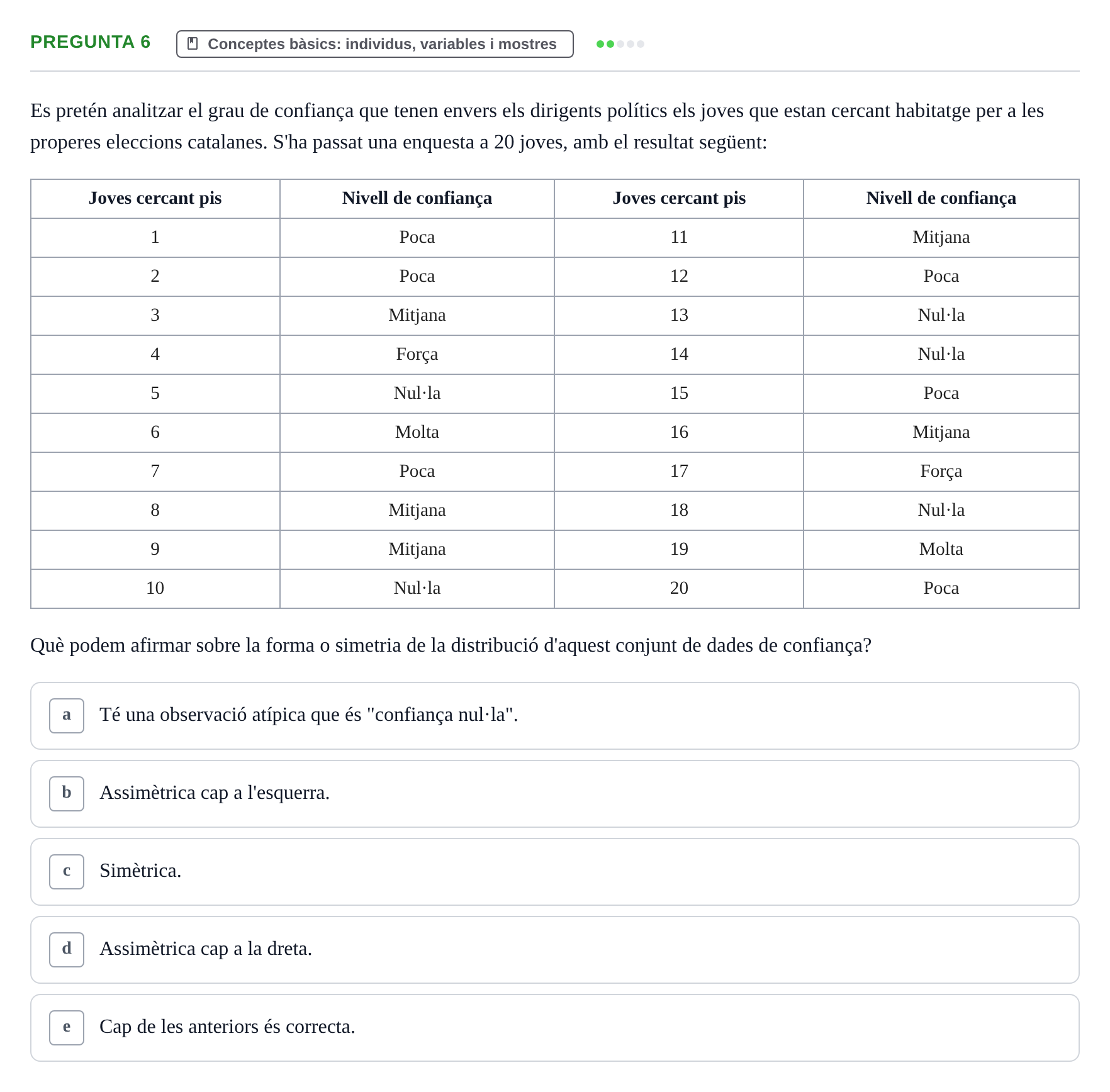 Enunciado: Pregunta 6 · Anàlisi de Dades UPF Test en classe 1. Anàlisi de Dades (Permutacions 1 a 5)