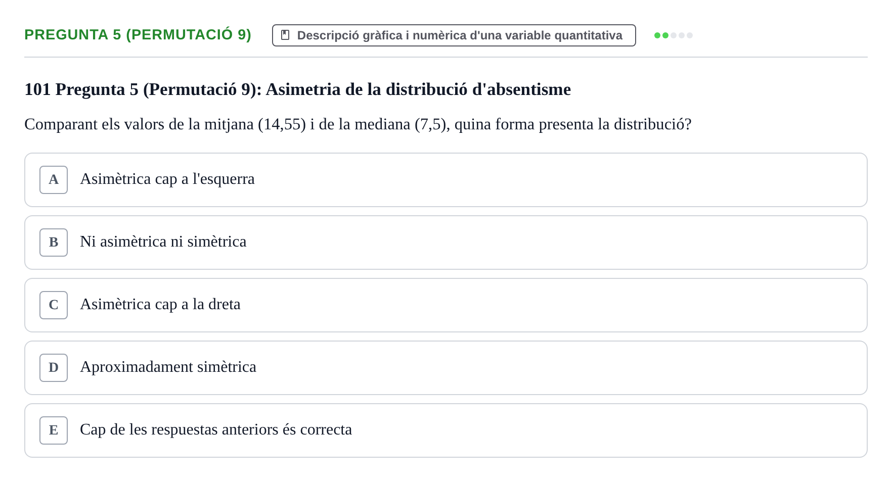 Enunciado: Pregunta 5 (Permutació 9) · Anàlisi de Dades UPF Test en classe 2 (Part 1)