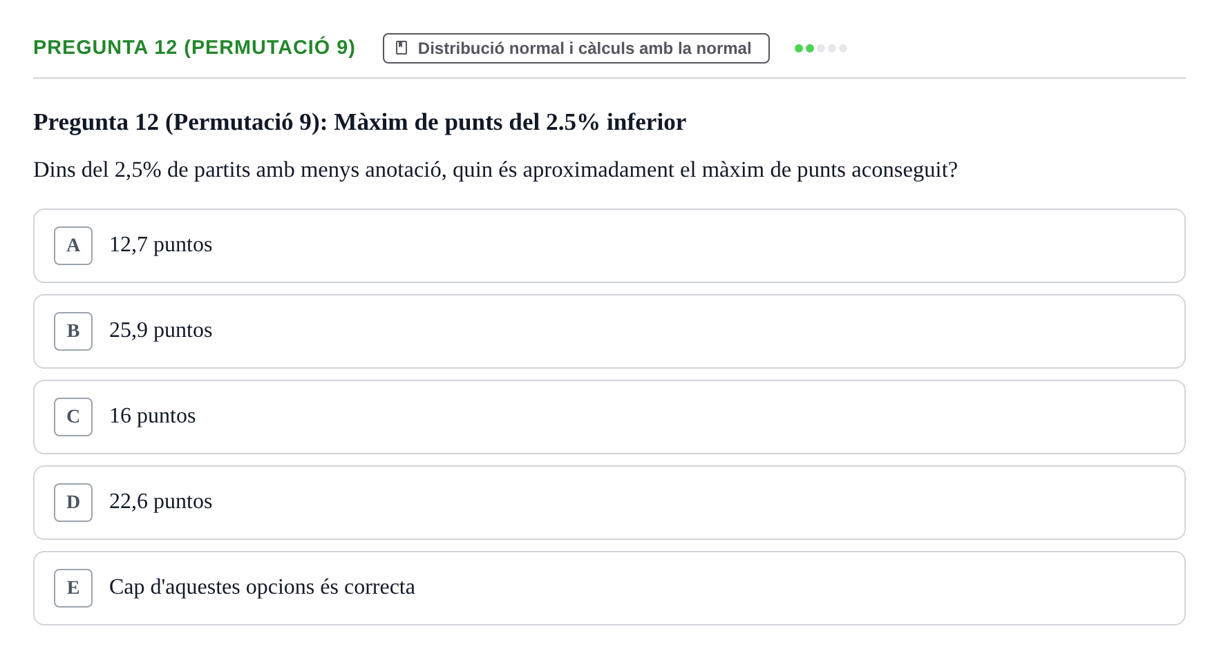 Enunciado: Pregunta 12 (Permutació 9) · Anàlisi de Dades UPF Test en classe 2 (Part 1)