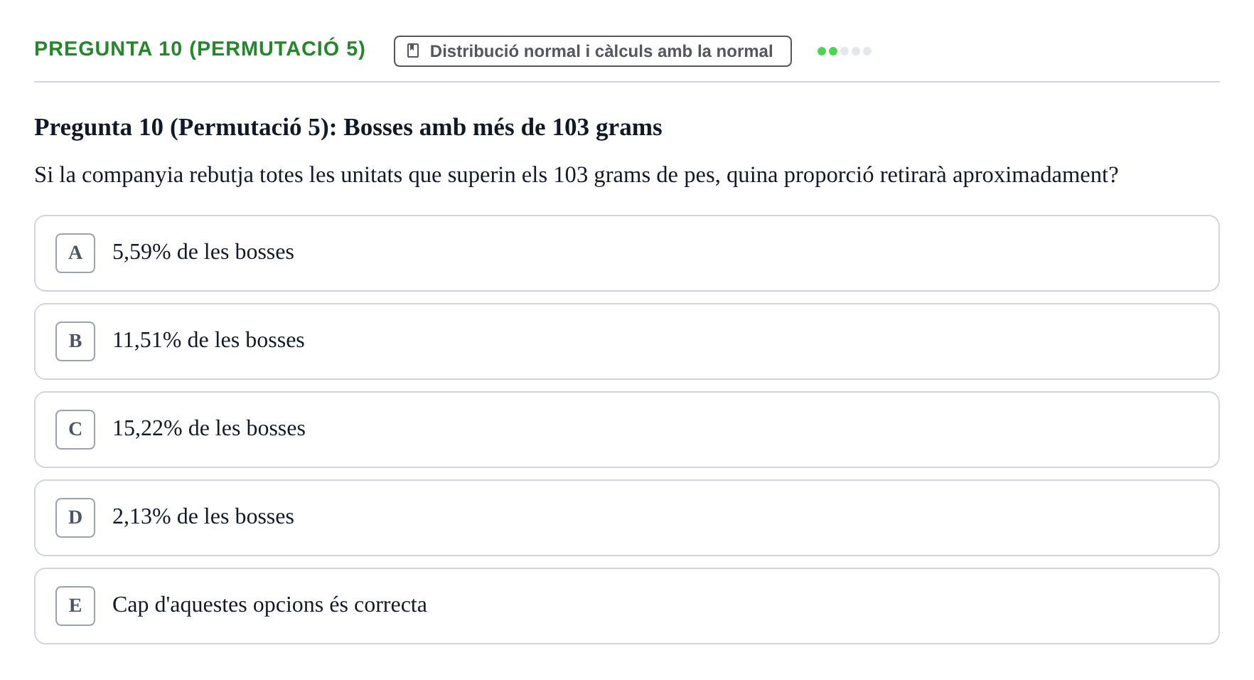 Enunciado: Pregunta 10 (Permutació 5) · Anàlisi de Dades UPF Test en classe 2 (Part 1)