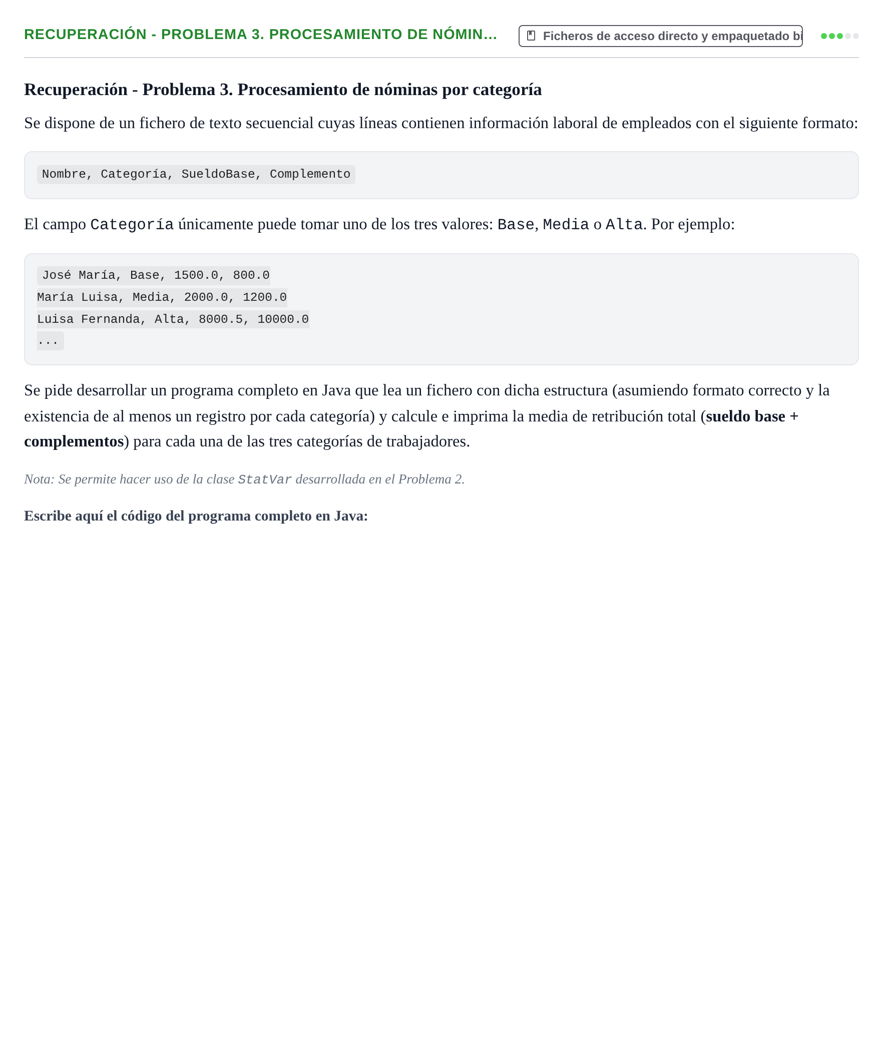 Enunciado: Ejercicio Recuperación - Problema 3. Procesamiento de nómin… · Programació II UDL 2010