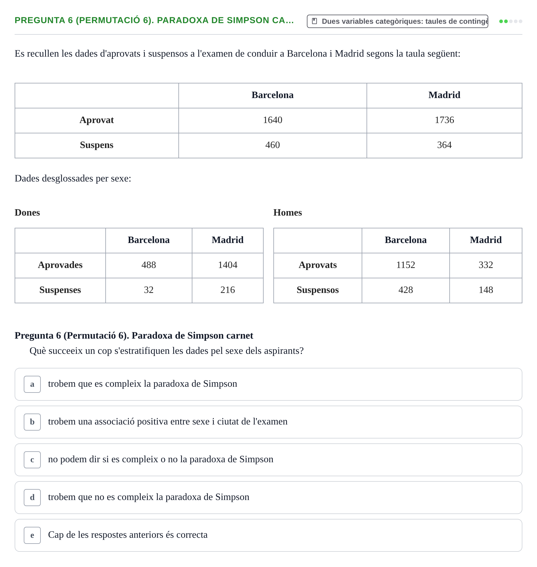 Enunciado: Pregunta 6 (Permutació 6). Paradoxa de Simpson ca… · Anàlisi de Dades UPF Test en classe 3