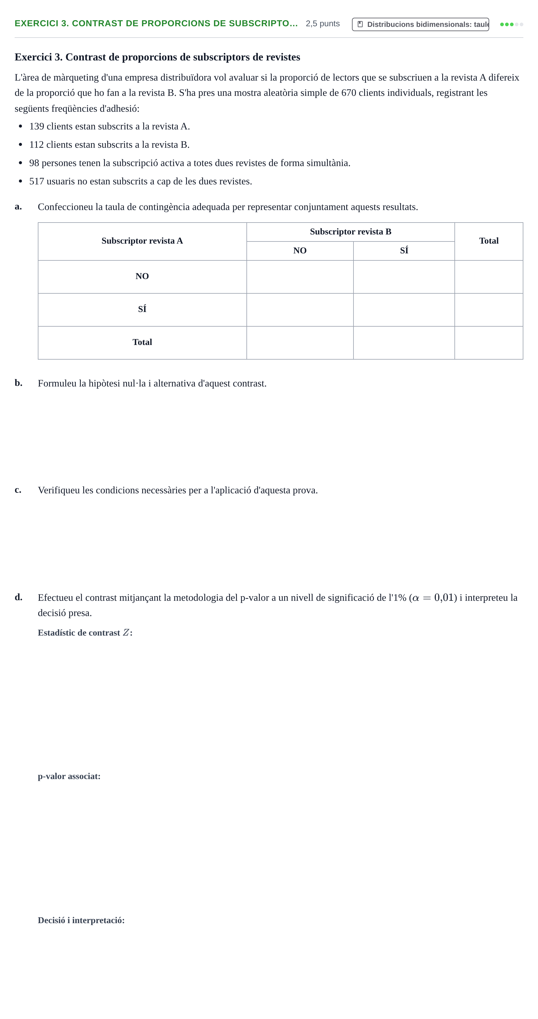 Enunciado: Exercici 3. Contrast de proporcions de subscripto… · Estadística I URV 2021