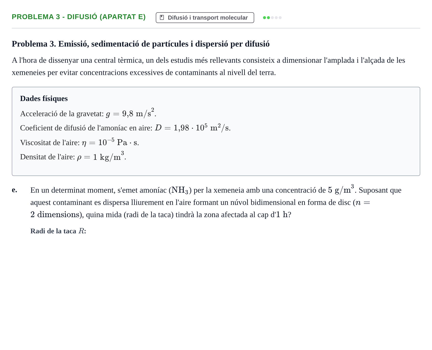 Enunciado: Problema 3 - Difusió (apartat e) · Física UAB 2023