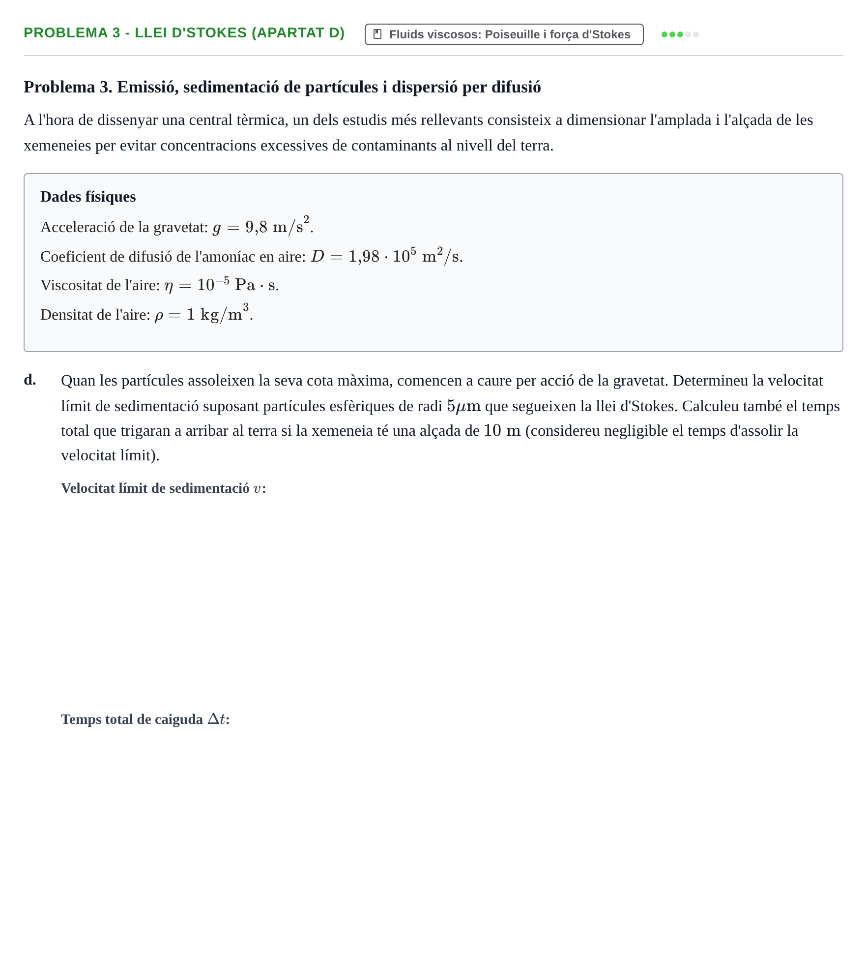 Enunciado: Problema 3 - Llei d'Stokes (apartat d) · Física UAB 2023