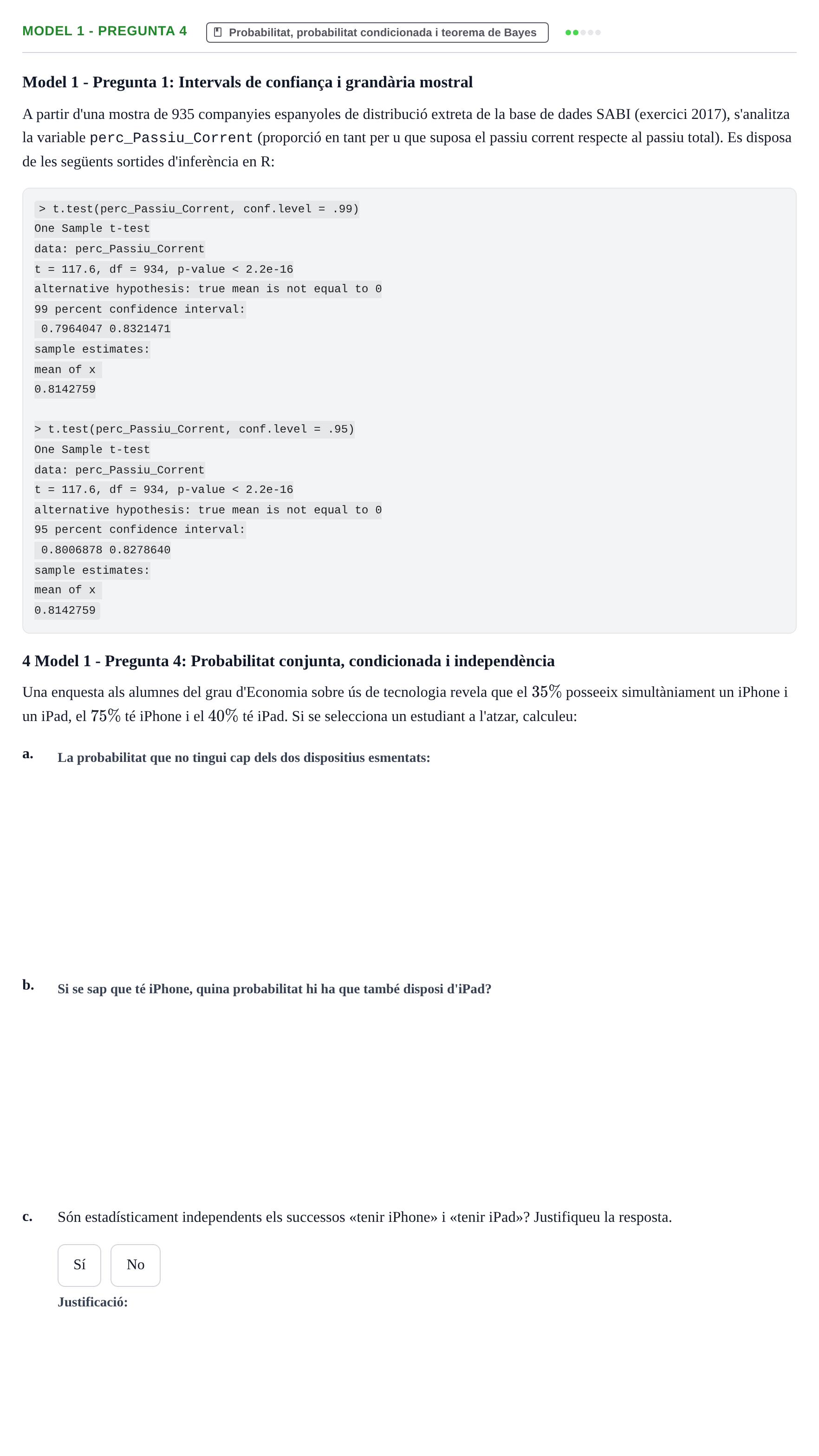 Enunciado: Ejercicio Model 1 - Pregunta 4 · Estadística I UAB 2021