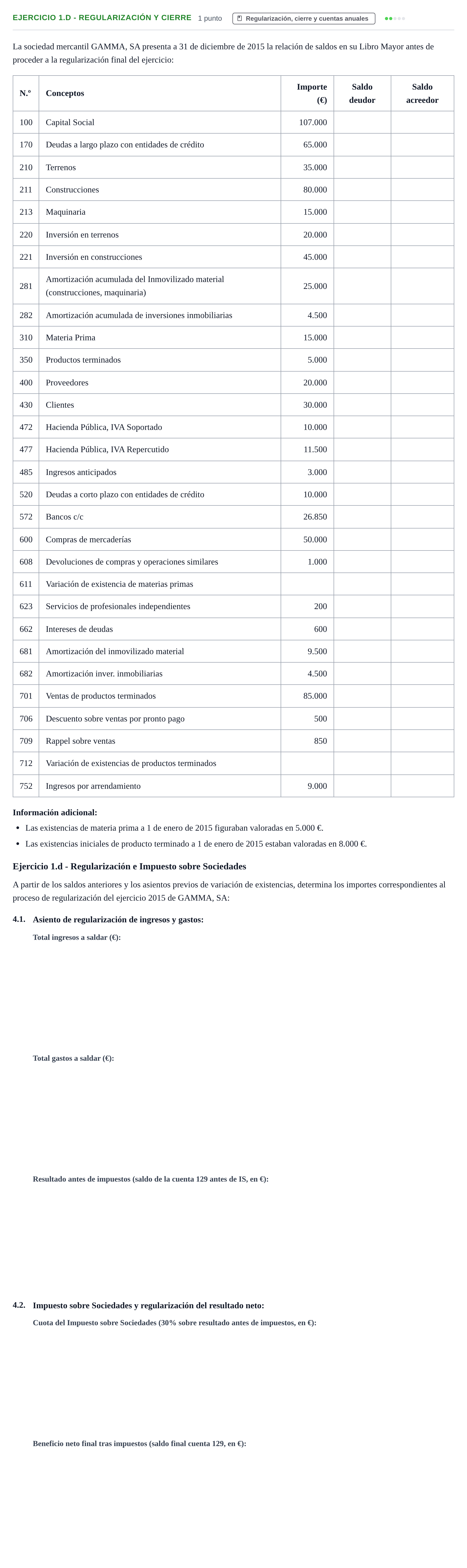 Enunciado: Ejercicio 1.d - Regularización y cierre · Introducció a la Comptabilitat UAB 2016