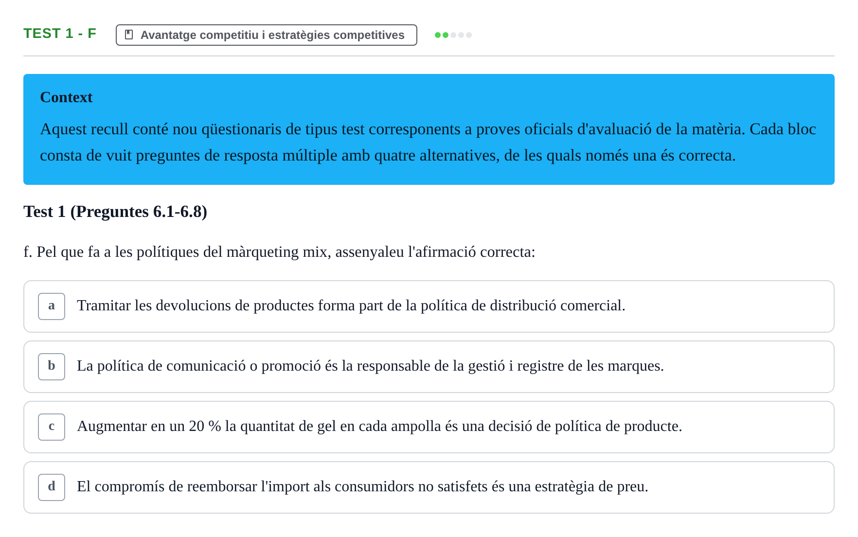 Enunciado: Ejercicio Test 1 - f · Economia de l'Empresa I UAB Recull d'Exàmens Tipus Test: Economia de l'Empresa