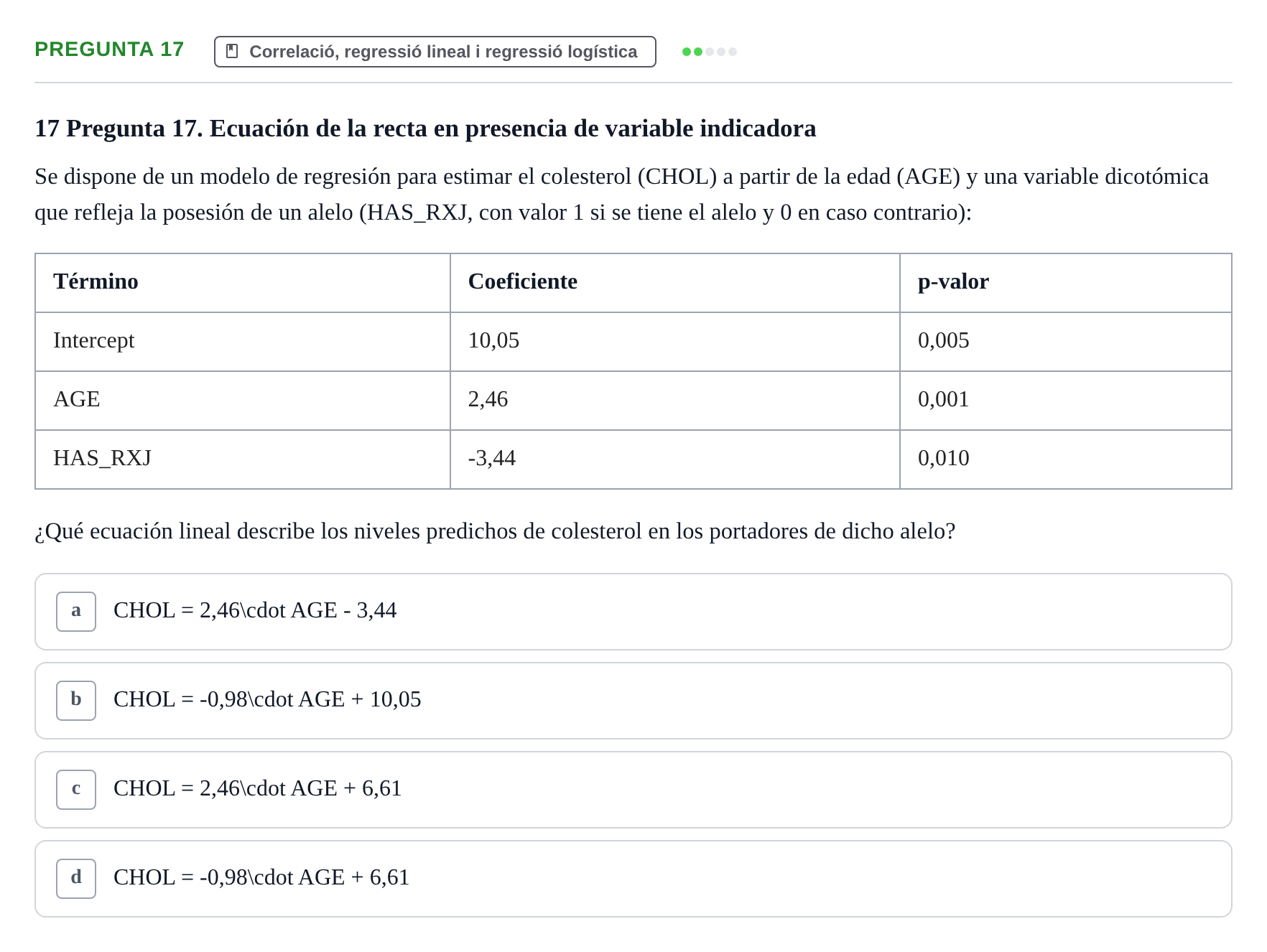 Enunciado: Pregunta 17 · Bioestadística UDL Examen Parcial de Bioestadística