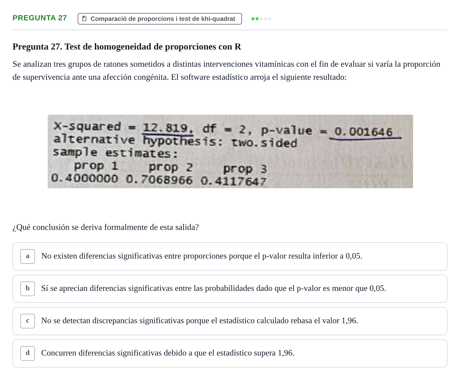 Enunciado: Pregunta 27 · Bioestadística UDL Examen Parcial de Bioestadística