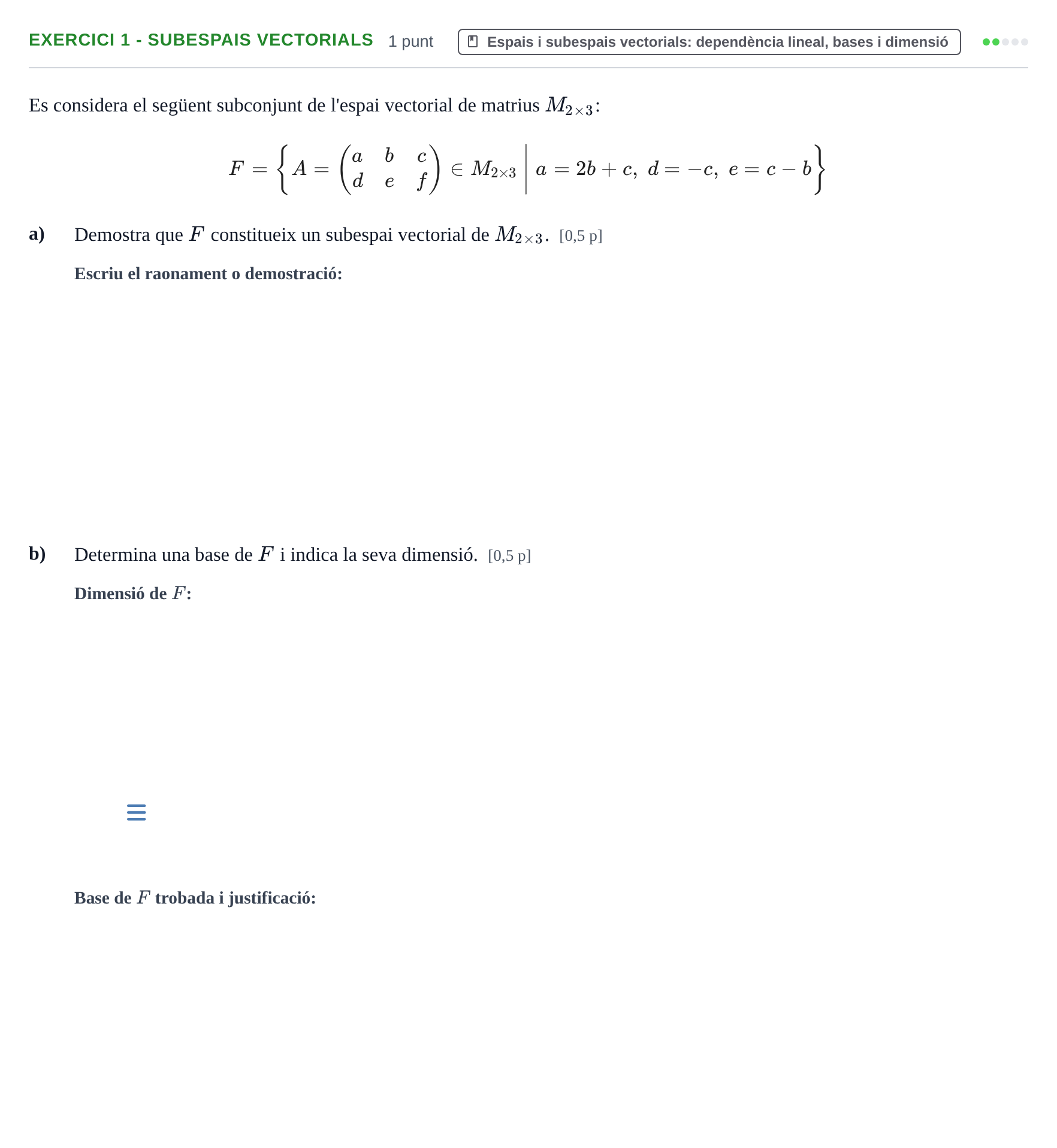 Enunciado: Exercici 1 - Subespais vectorials · Álgebra Lineal UPC 2016