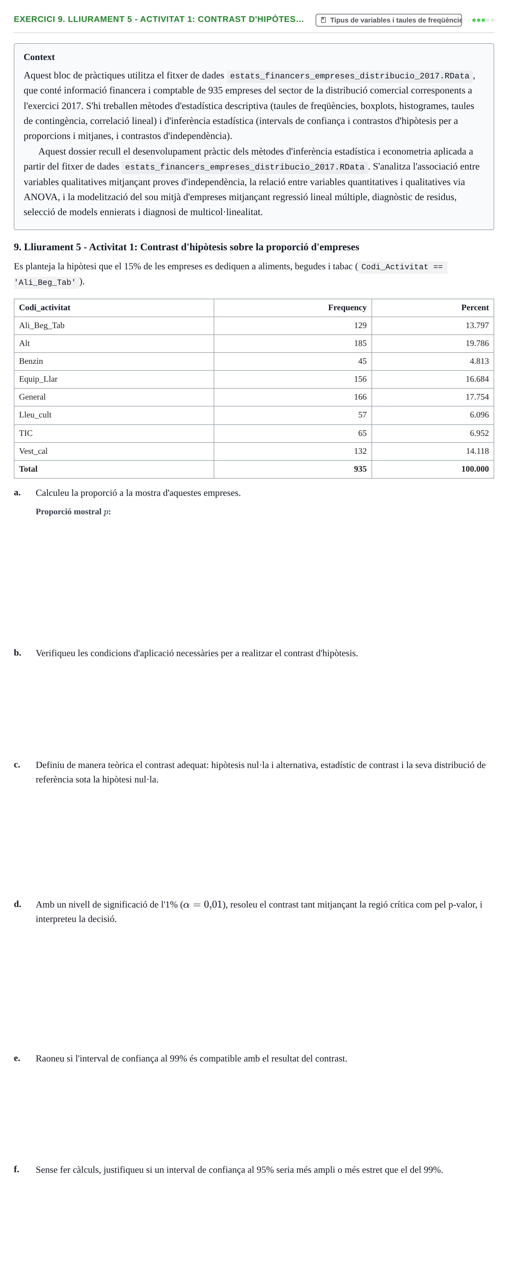 Enunciado: 9. Lliurament 5 - Activitat 1: Contrast d'hipòtes…