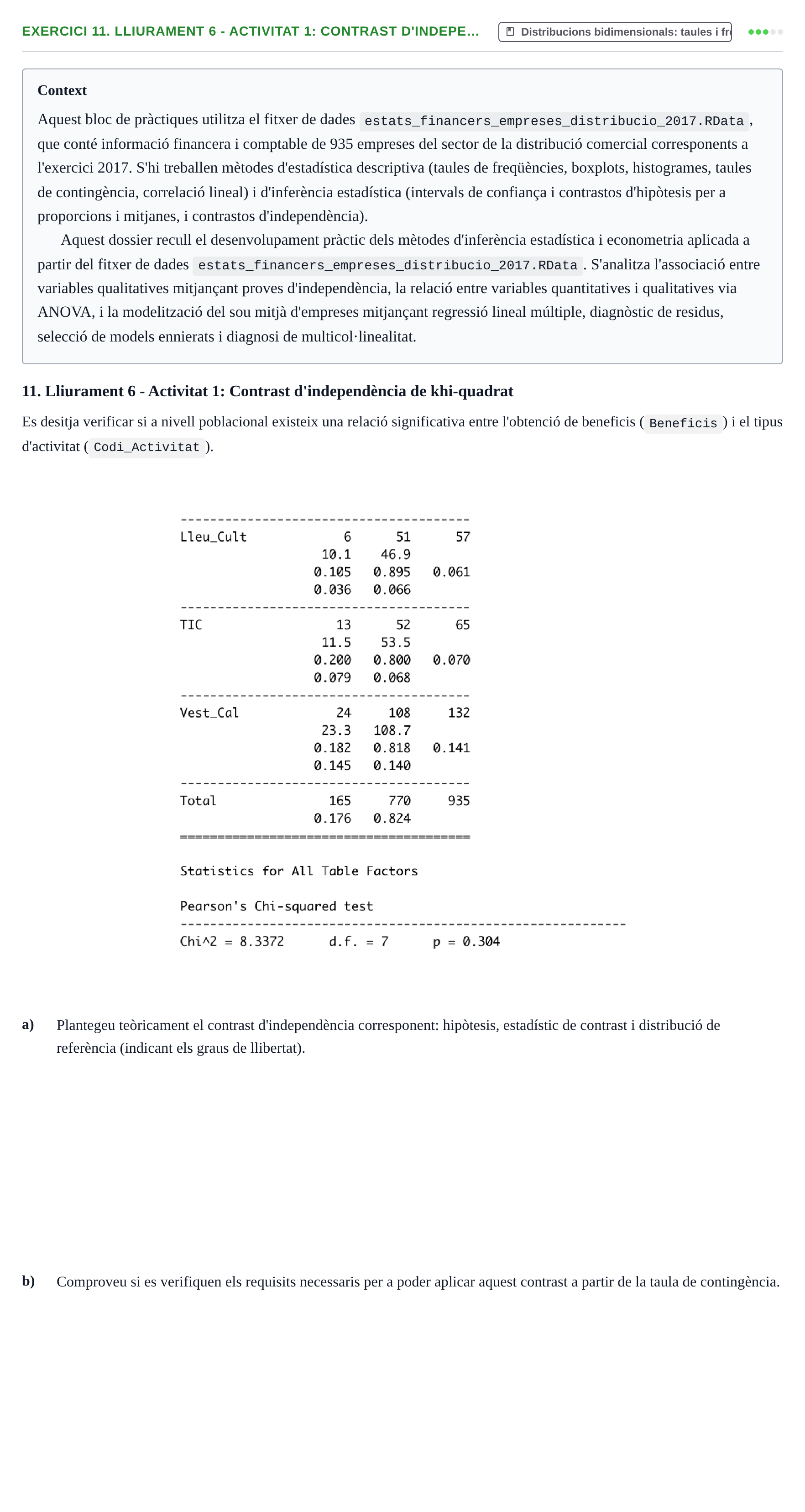 Enunciado: 11. Lliurament 6 - Activitat 1: Contrast d'indepe…