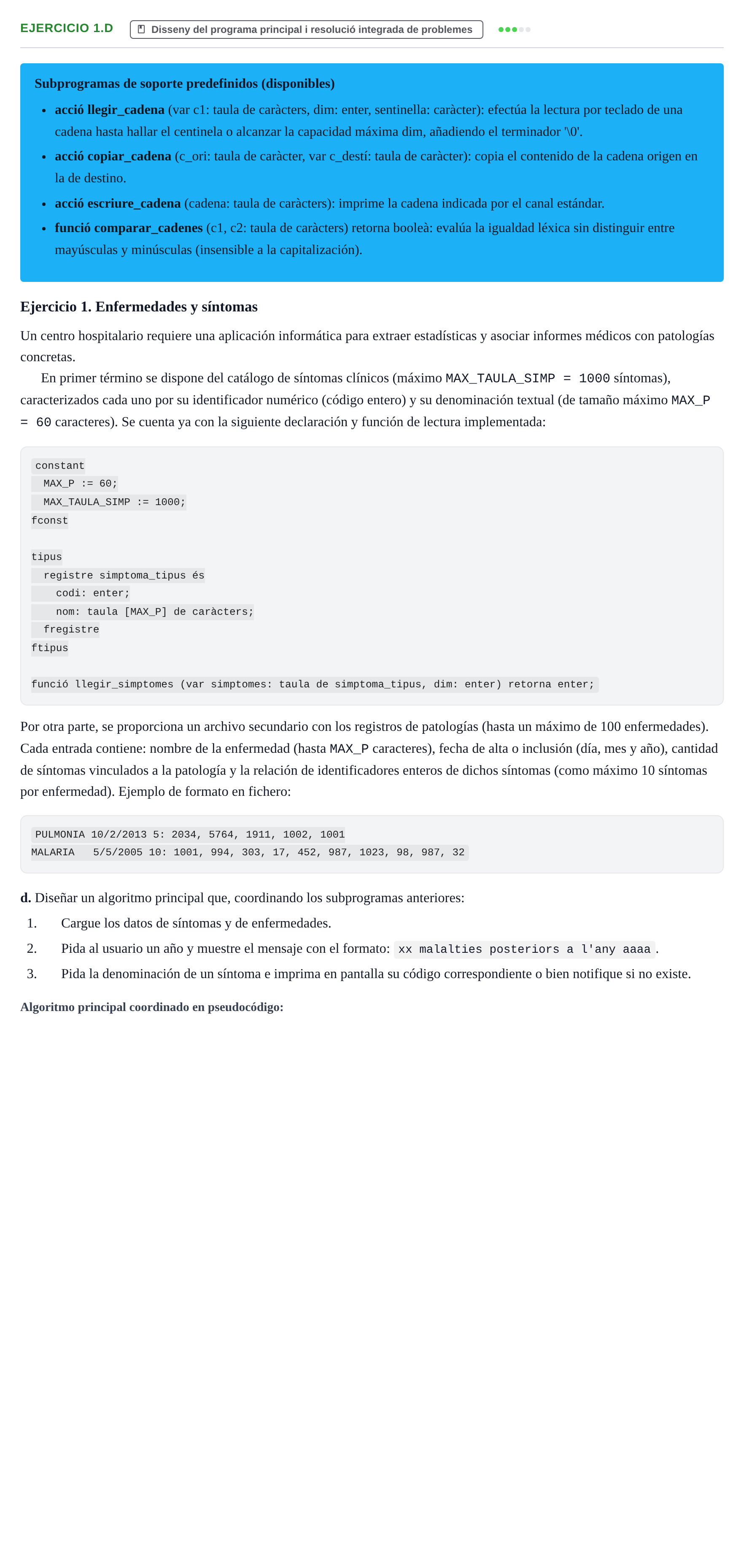 Enunciado: Ejercicio 1.d - Disseny del programa principal i… · Fundamentos de Programación I URV 2015