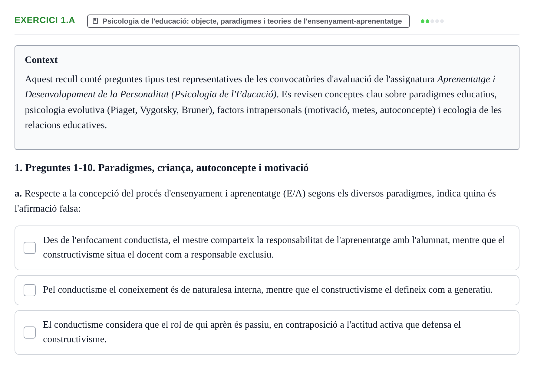Enunciado: Ejercicio 1.a · Aprendizaje y Desarrollo de la Personalidad URV Recull de Preguntes d'Examen: Psicologia Educativa
