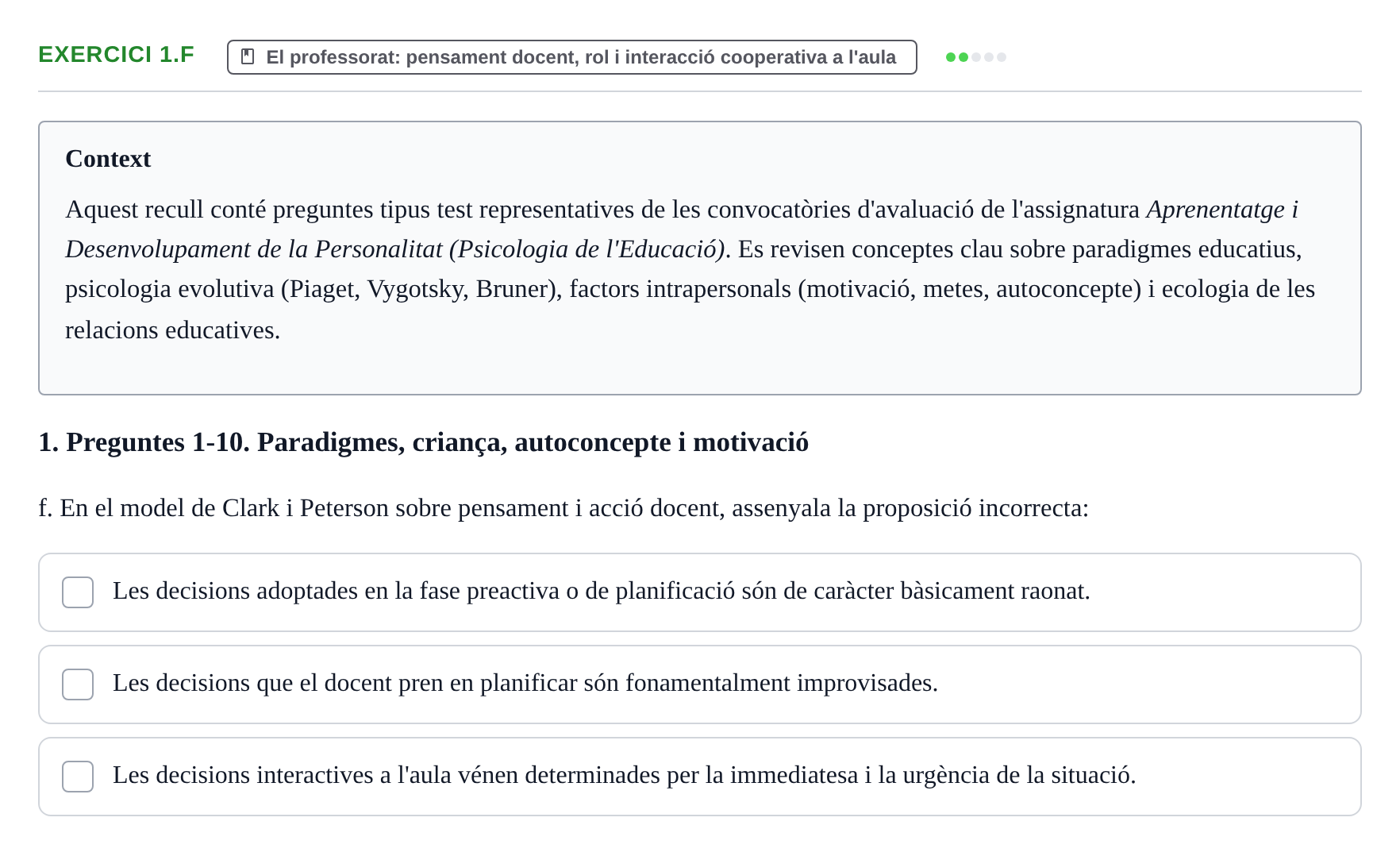 Enunciado: Ejercicio 1.f · Aprendizaje y Desarrollo de la Personalidad URV Recull de Preguntes d'Examen: Psicologia Educativa