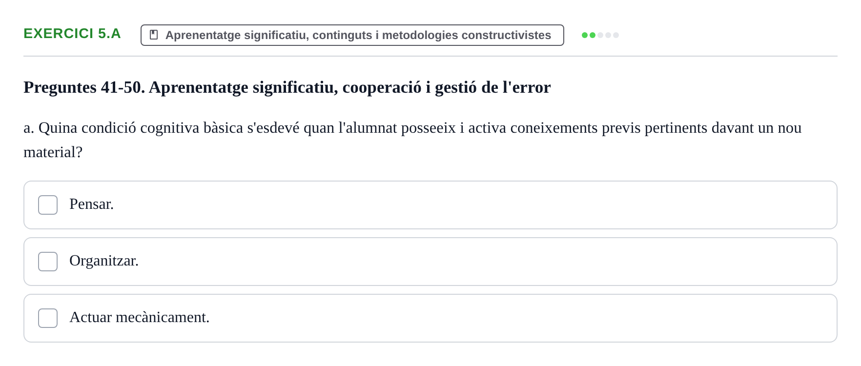Enunciado: Ejercicio 5.a · Aprendizaje y Desarrollo de la Personalidad URV Recull de Preguntes d'Examen: Psicologia Educativa