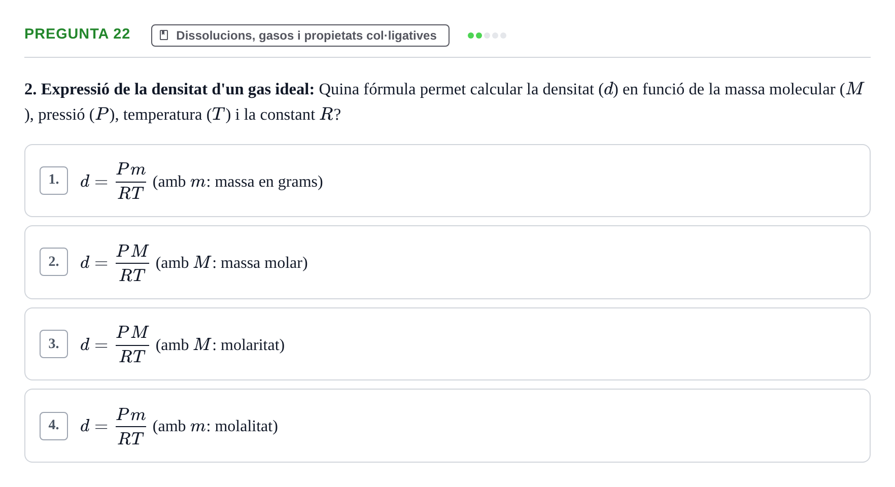 Enunciado: Pregunta 22 · Química i Física Aplicada URV Examen de Química (1a Convocatòria)