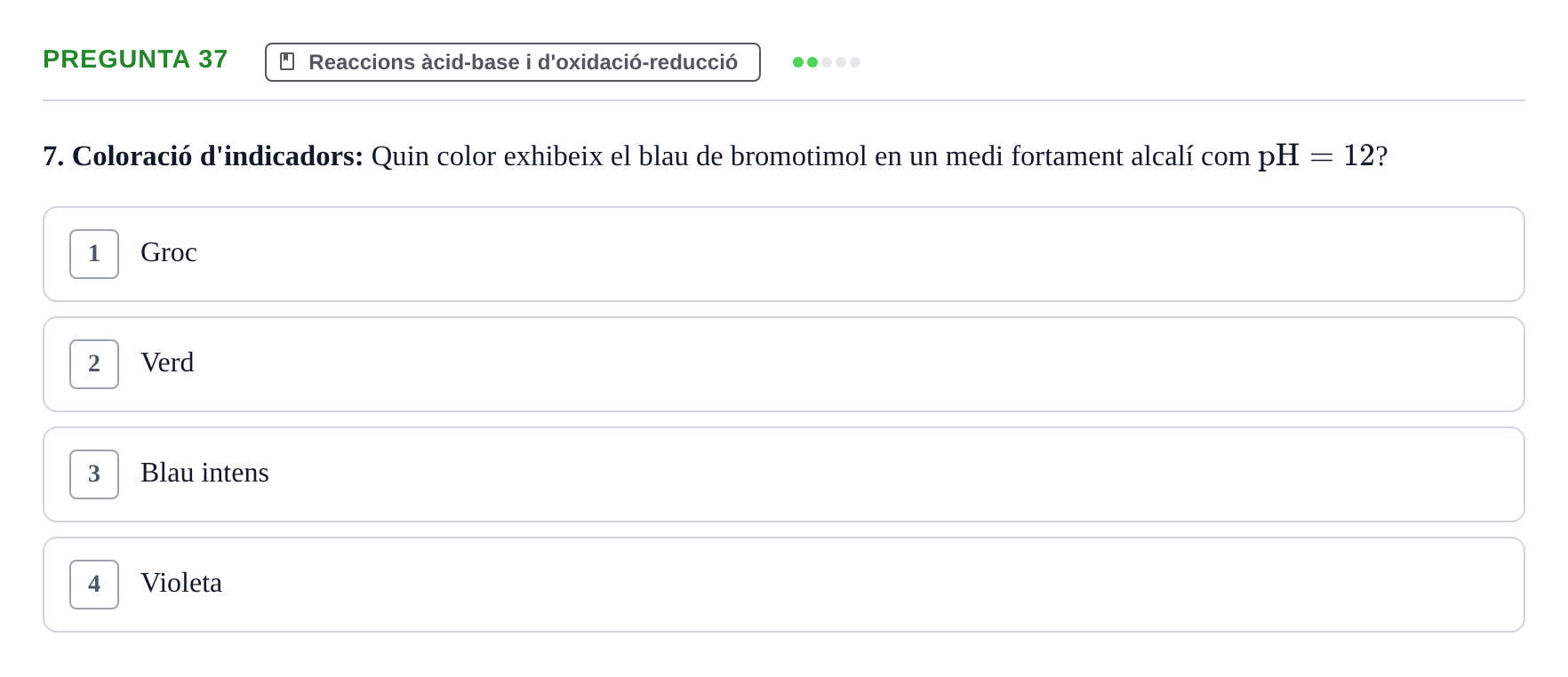 Enunciado: Pregunta 37 · Química i Física Aplicada URV Examen de Química (1a Convocatòria)