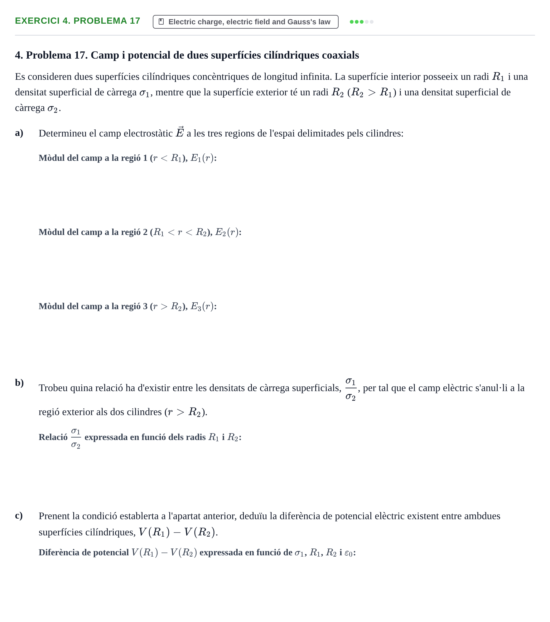 Enunciado: Ejercicio 4. Problema 17 · Física II URV Recull d'exàmens i problemes d'Electricitat (Física II)