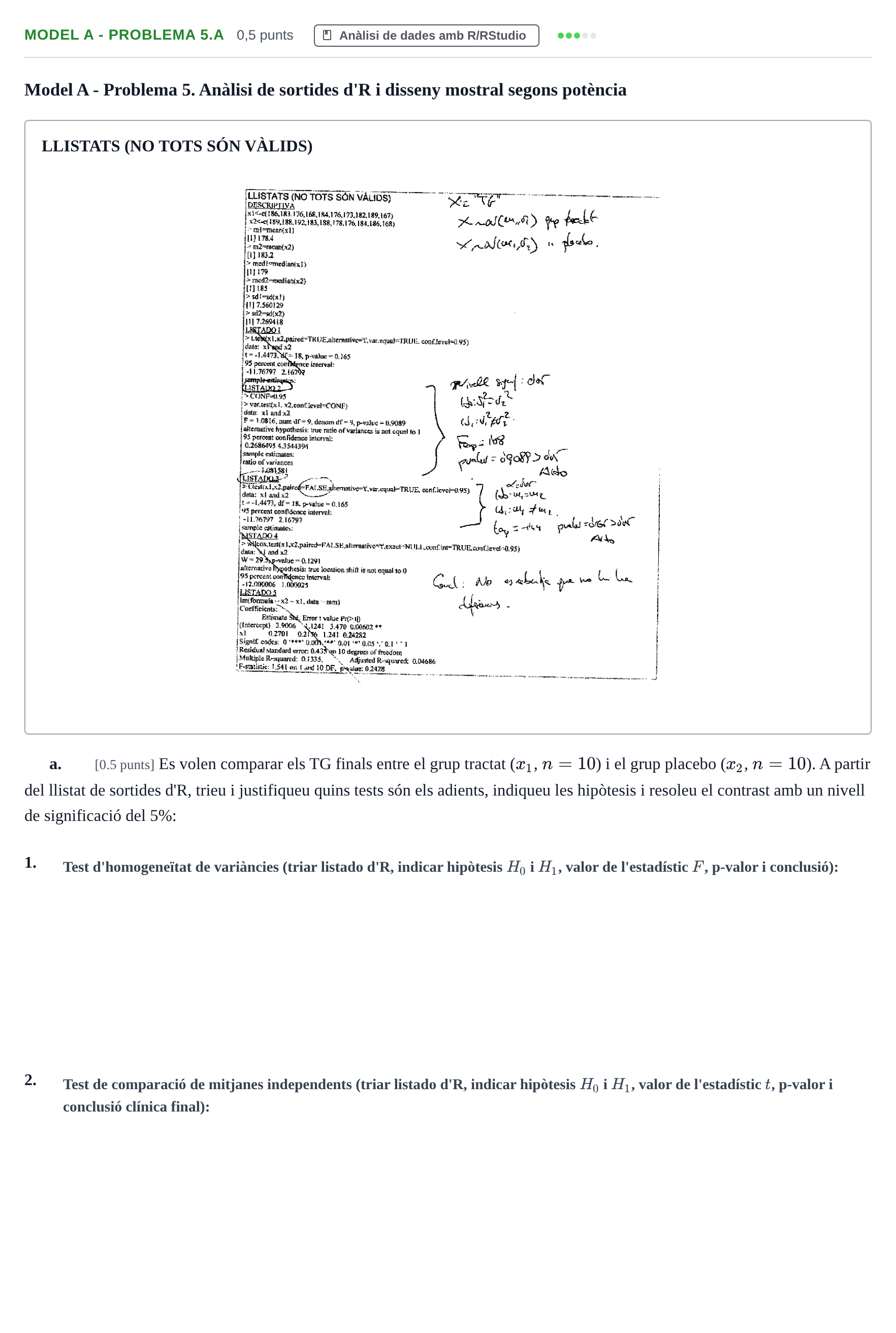 Enunciado: Ejercicio Model A - Problema 5.a · Estadística UB Exemples 2023