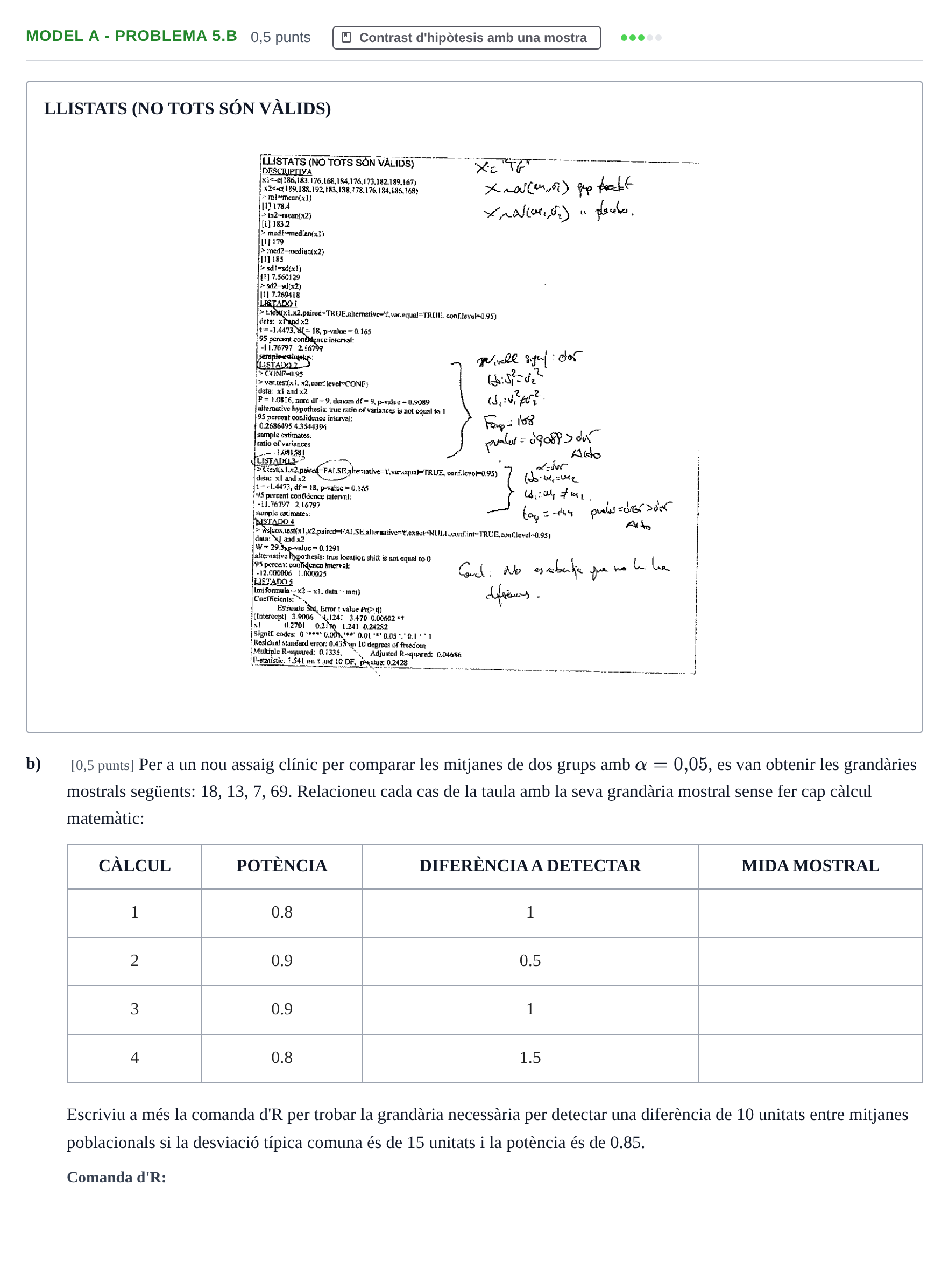 Enunciado: Ejercicio Model A - Problema 5.b · Estadística UB Exemples 2023