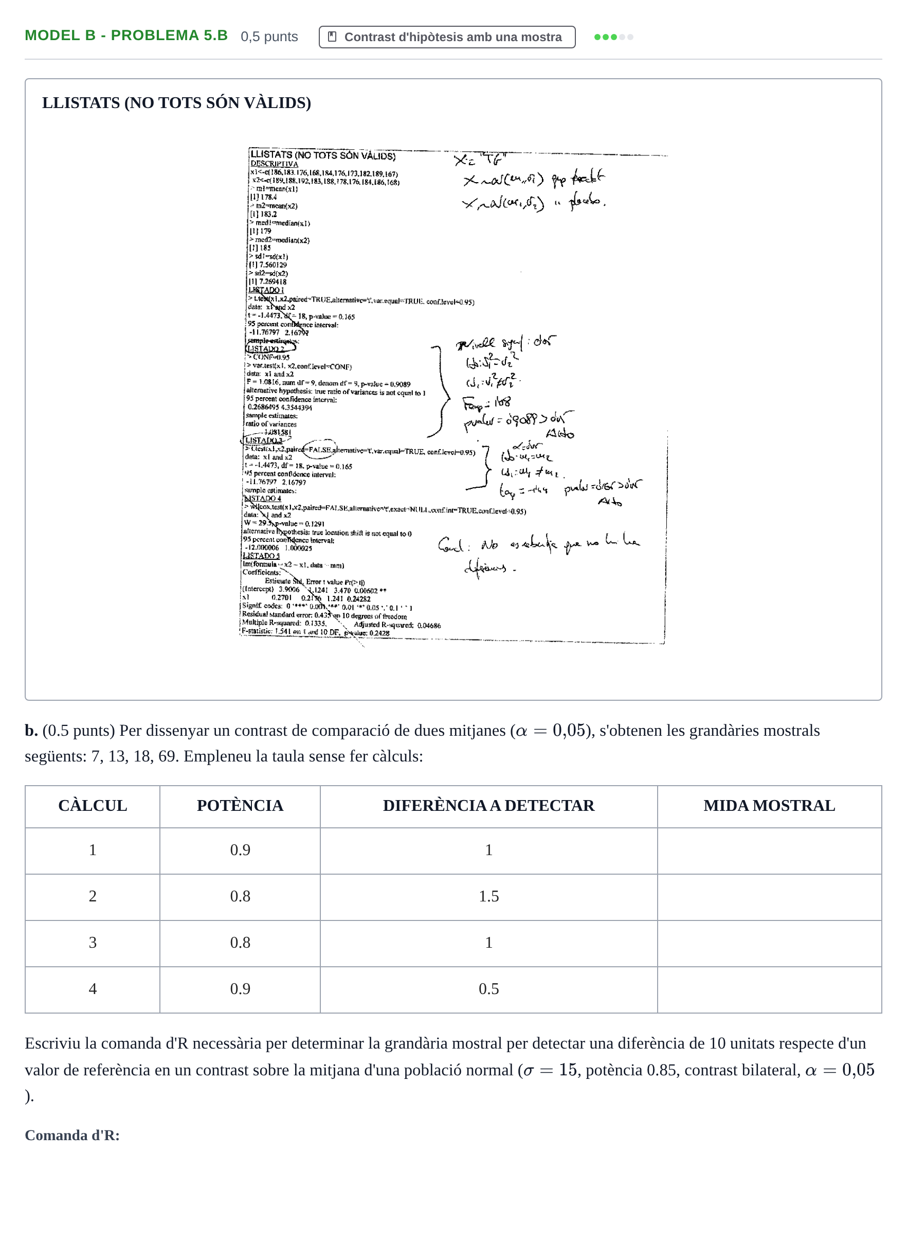 Enunciado: Ejercicio Model B - Problema 5.b · Estadística UB Exemples 2023