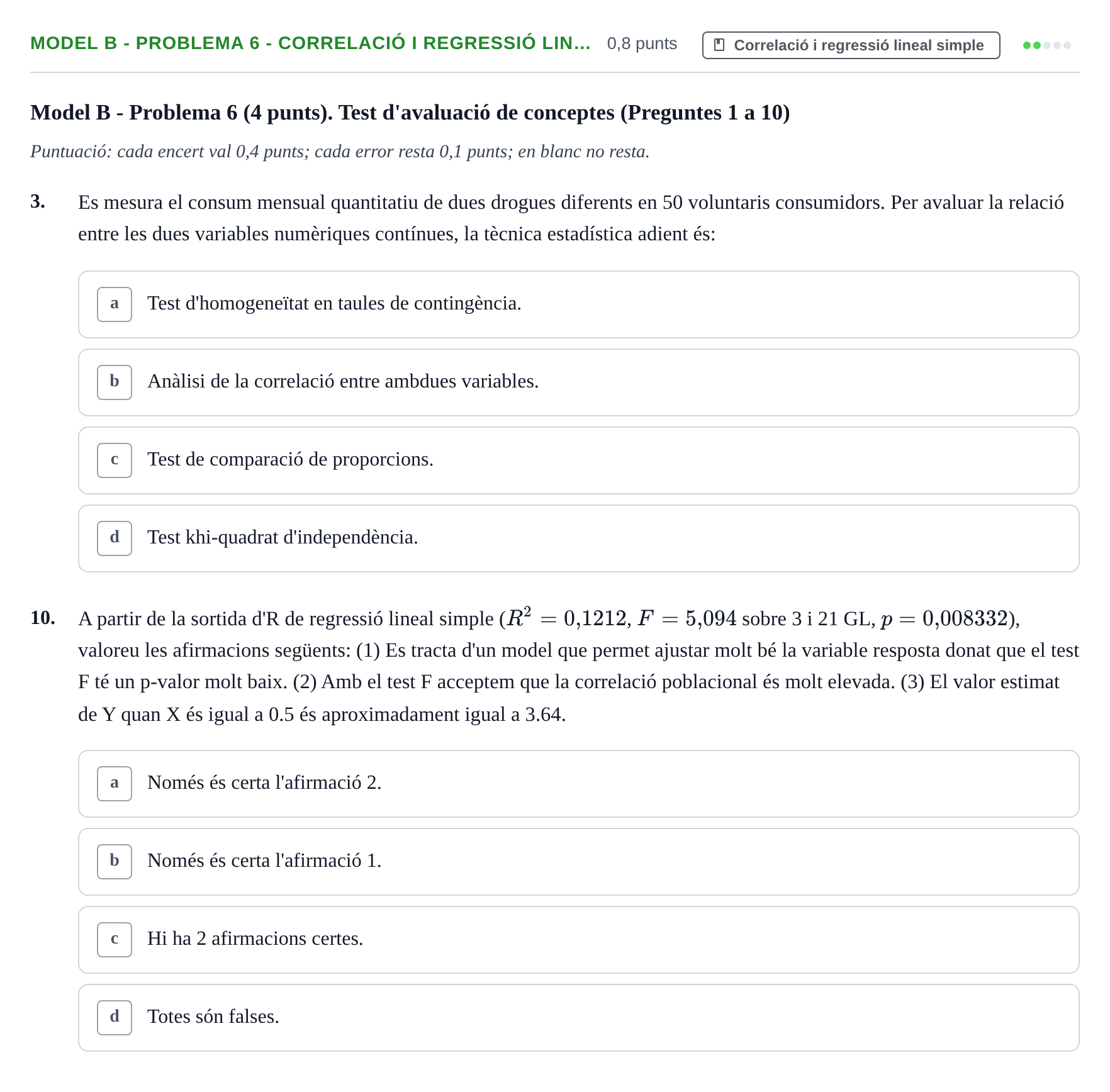 Enunciado: Ejercicio Model B - Problema 6 - Correlació i regressió lin… · Estadística UB Exemples 2023