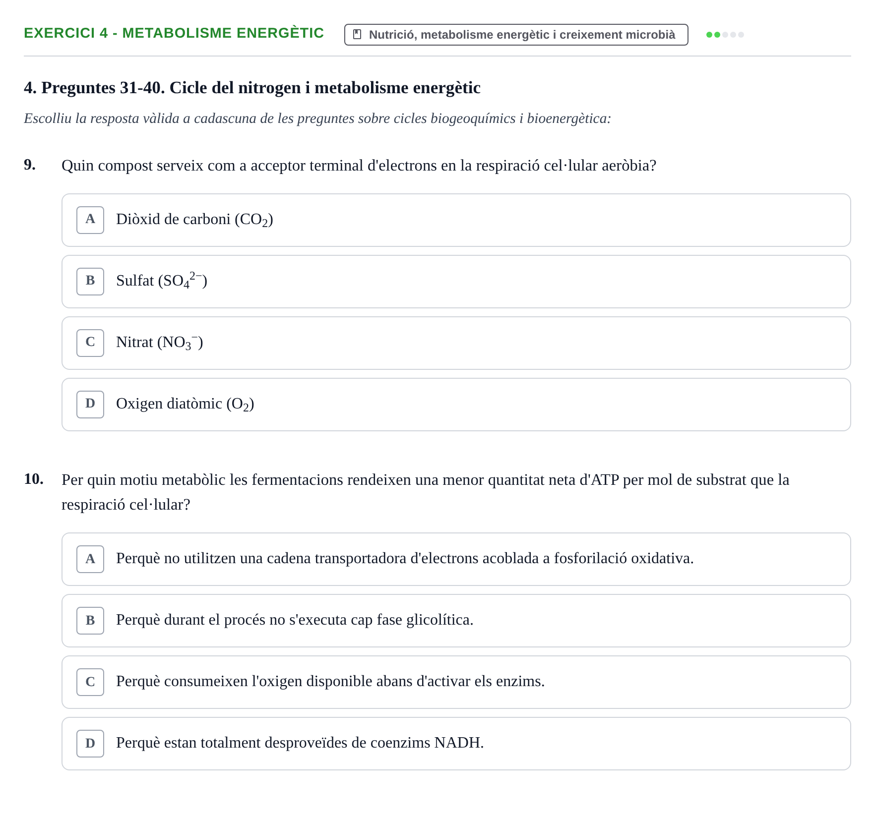 Enunciado: Ejercicio 4 - Metabolisme energètic · Microbiología UB Exemples