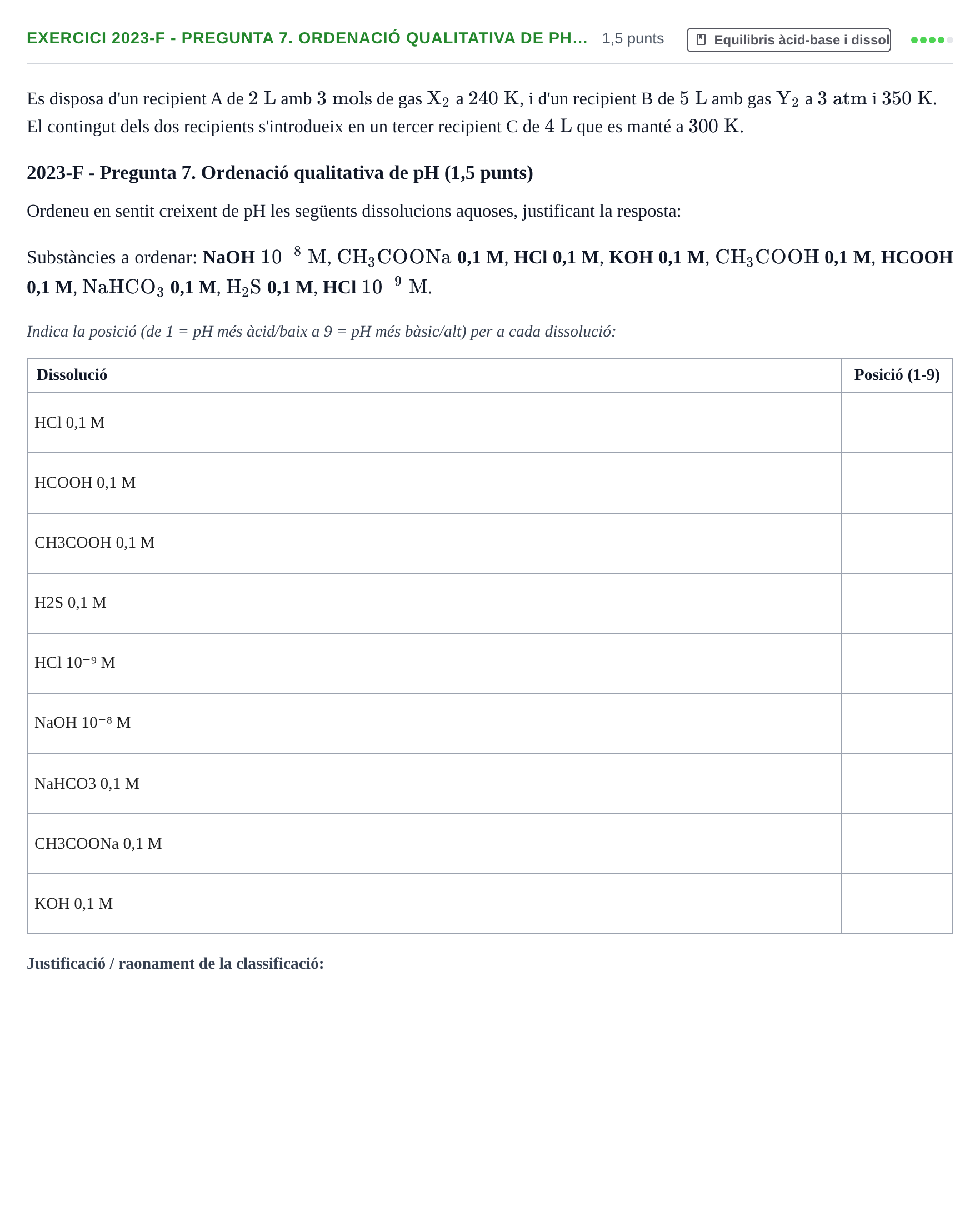 Enunciado: Ejercicio 2023-F - Pregunta 7. Ordenació qualitativa de pH… · Química II URV 2012