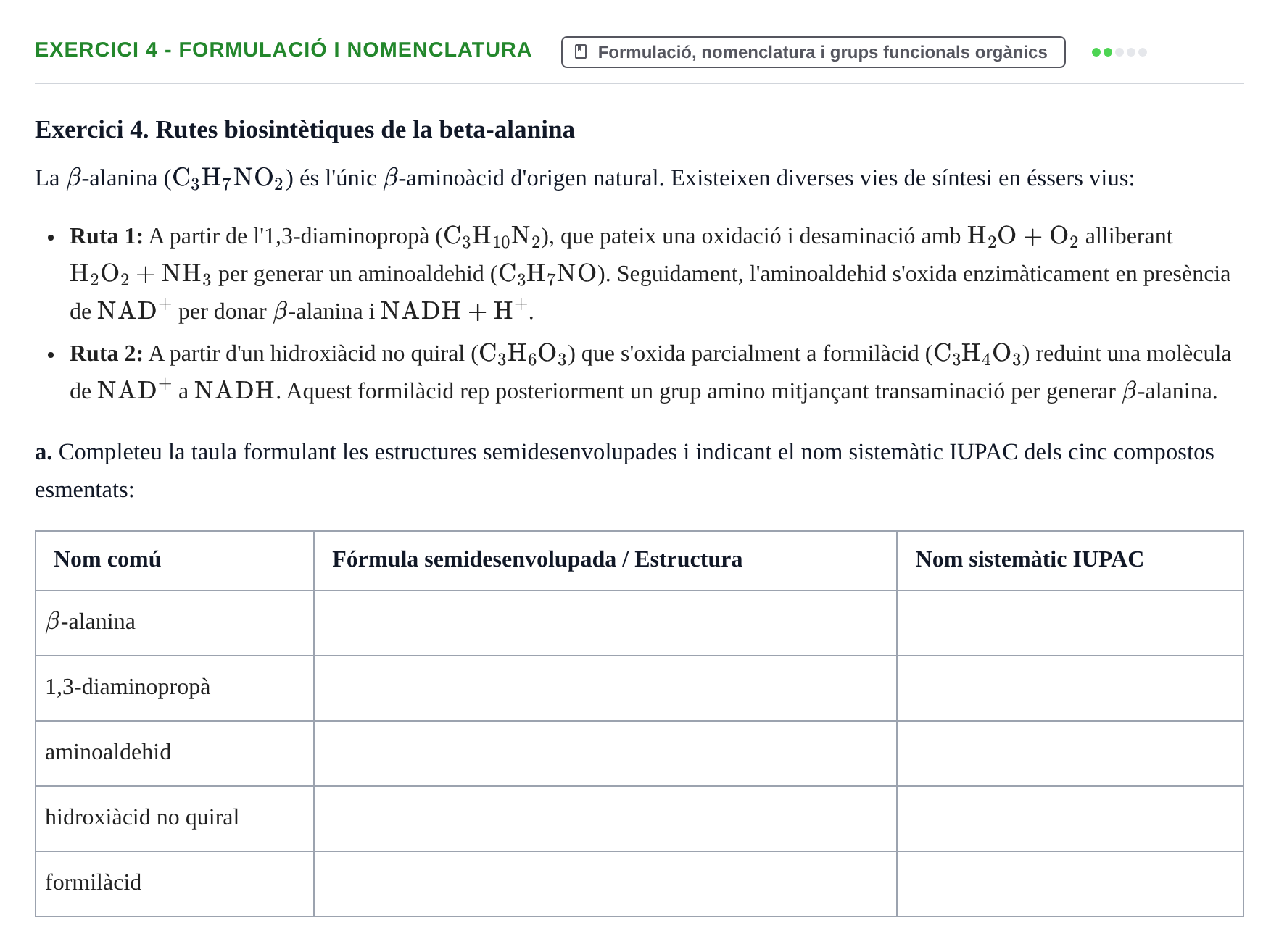 Enunciado: Exercici 4 - Formulació i nomenclatura · Química UB 2022