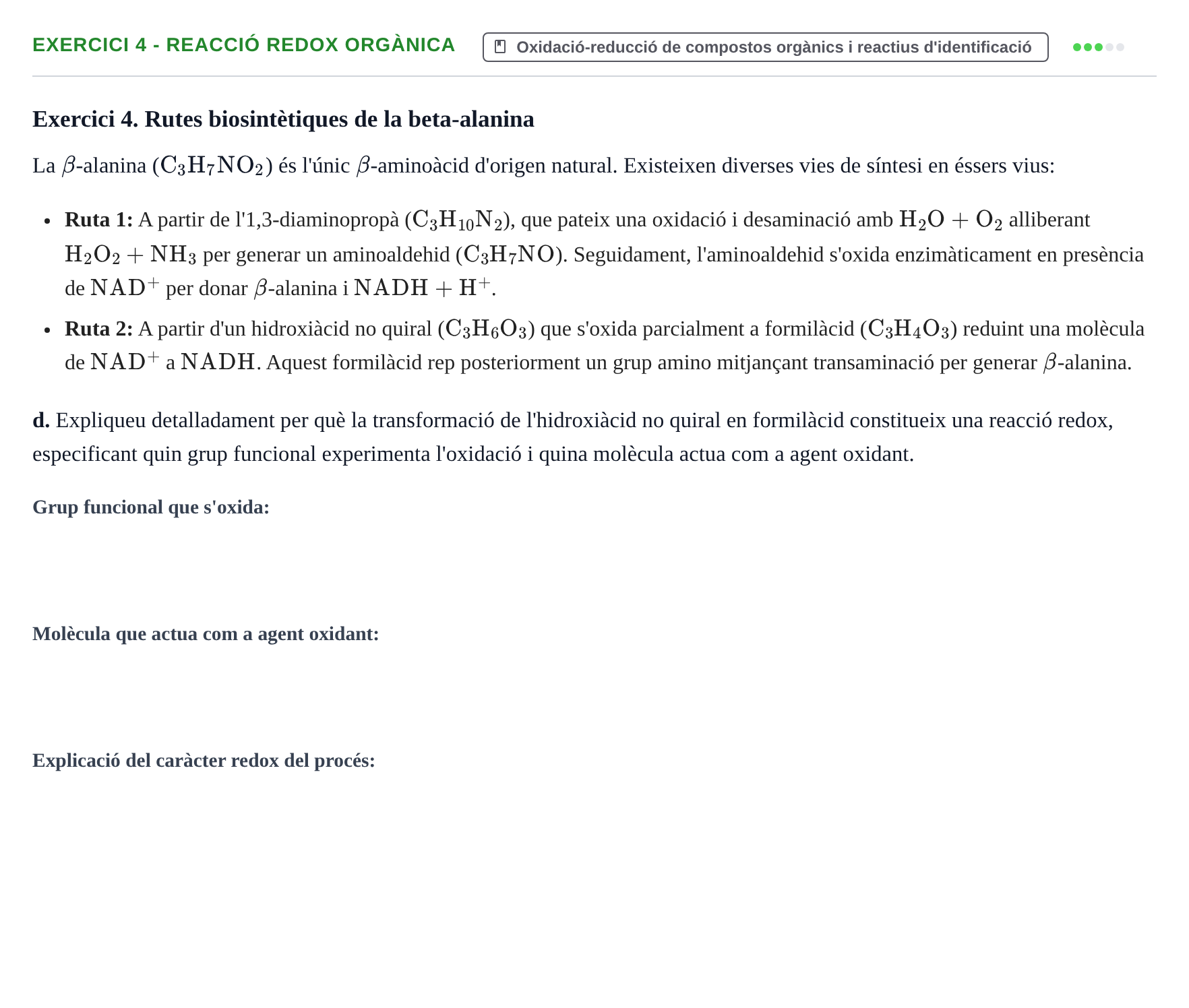 Enunciado: Exercici 4 - Reacció redox orgànica · Química UB 2022
