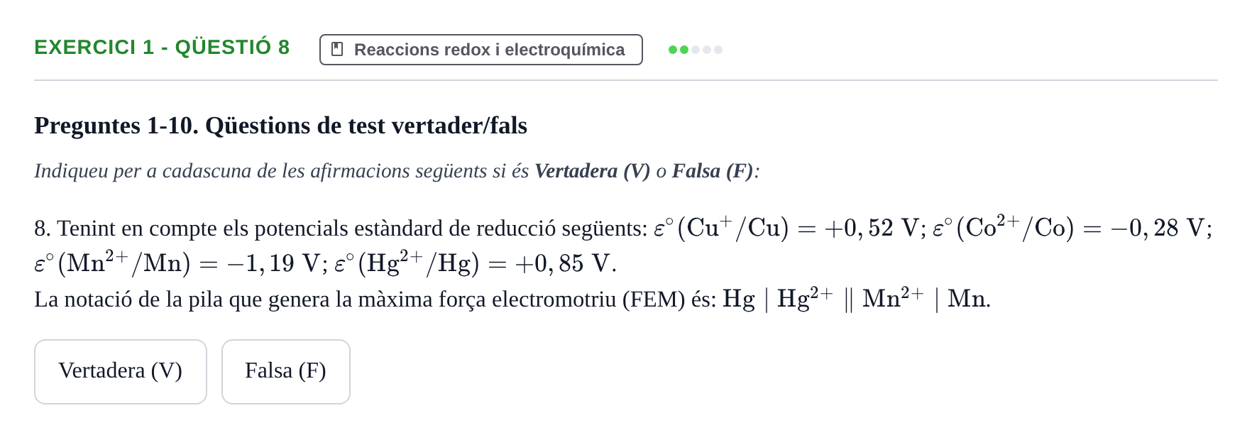 Enunciado: Ejercicio 1 - Qüestió 8 · Química UB 2023