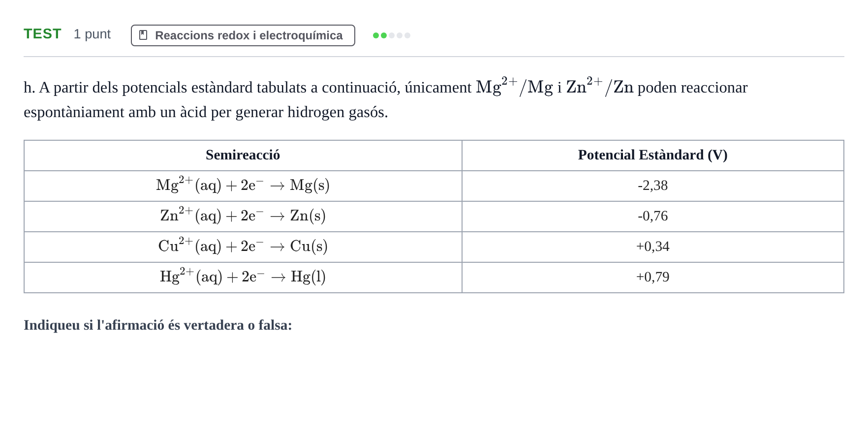 Enunciado: Ejercicio Test - Reaccions redox i electroquímica · Química UB 2024