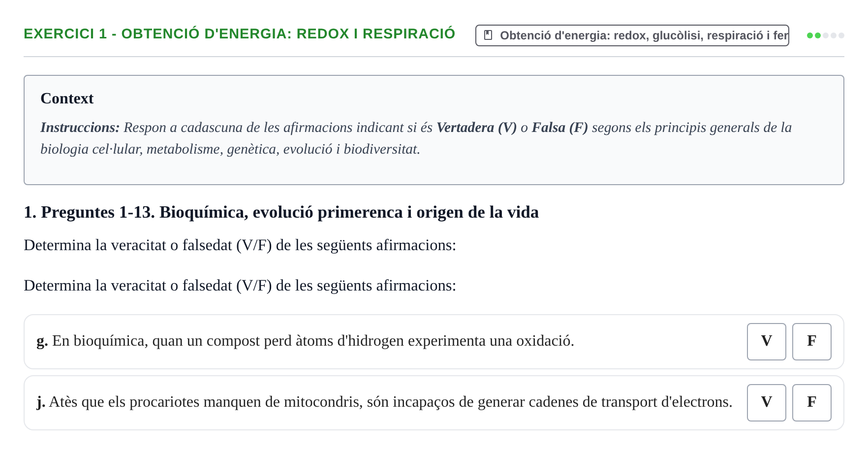 Enunciado: Ejercicio 1 - Obtenció d'energia: redox i respiració · Biología I UB Examen final Biologia I