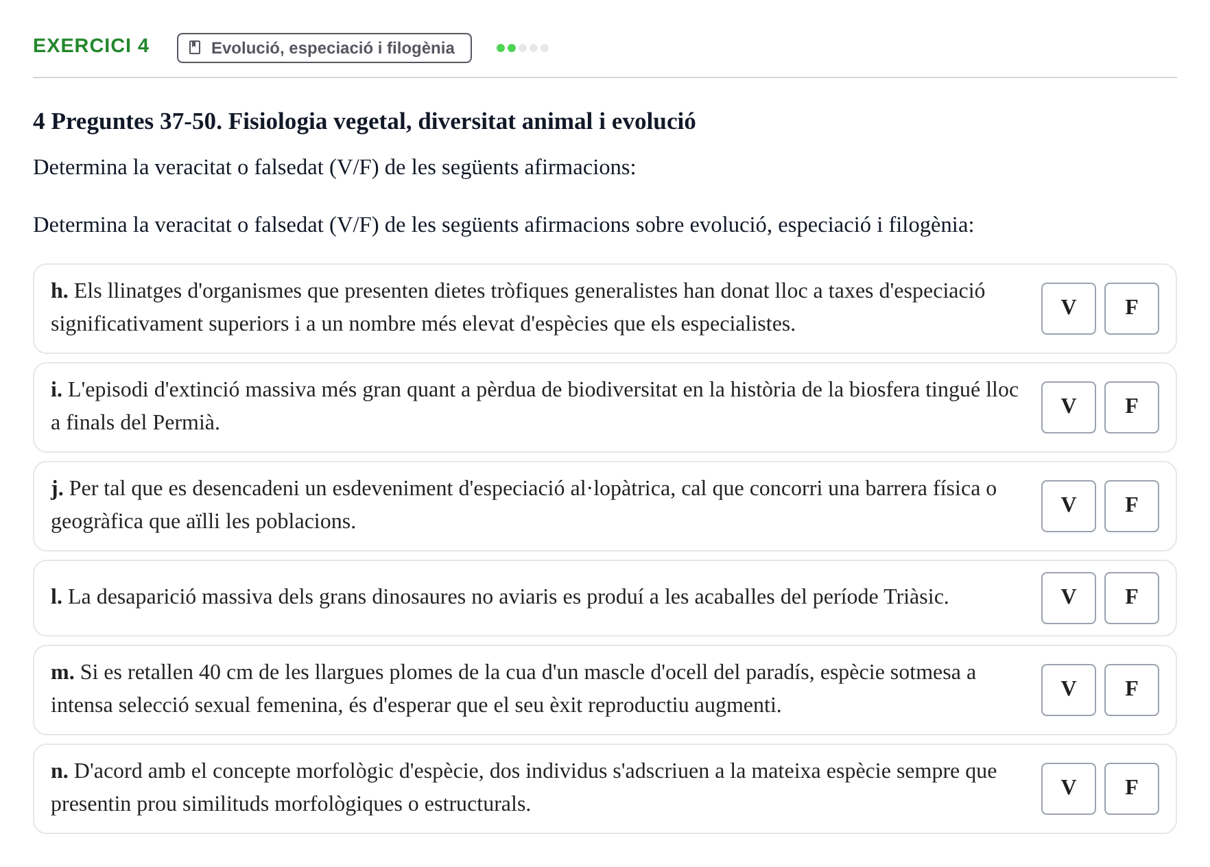 Enunciado: Ejercicio 4 - Evolució, especiació i filogènia · Biología I UB Examen final Biologia I