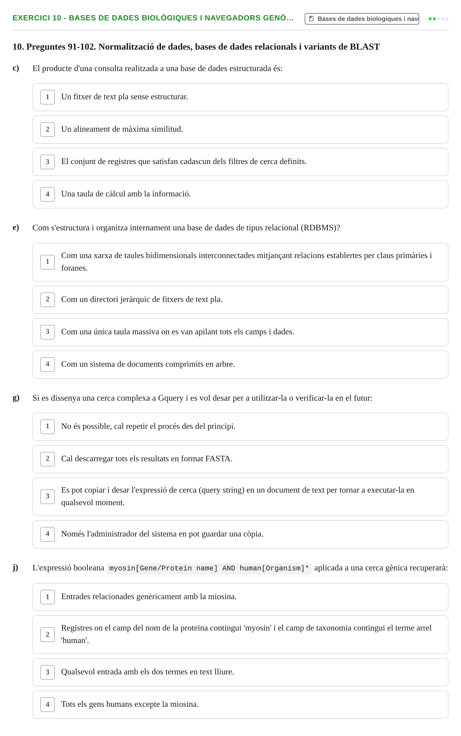 Enunciado: Ejercicio 10 - Bases de dades biològiques i navegadors genò… · Biología II UB Examen de Bioinformàtica