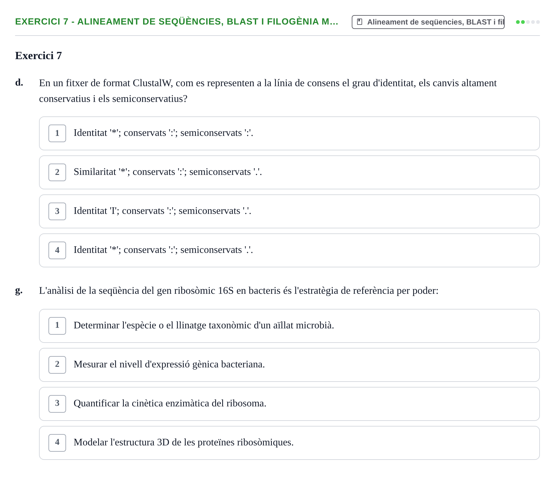 Enunciado: Ejercicio 7 - Alineament de seqüències, BLAST i filogènia m… · Biología II UB Examen de Bioinformàtica