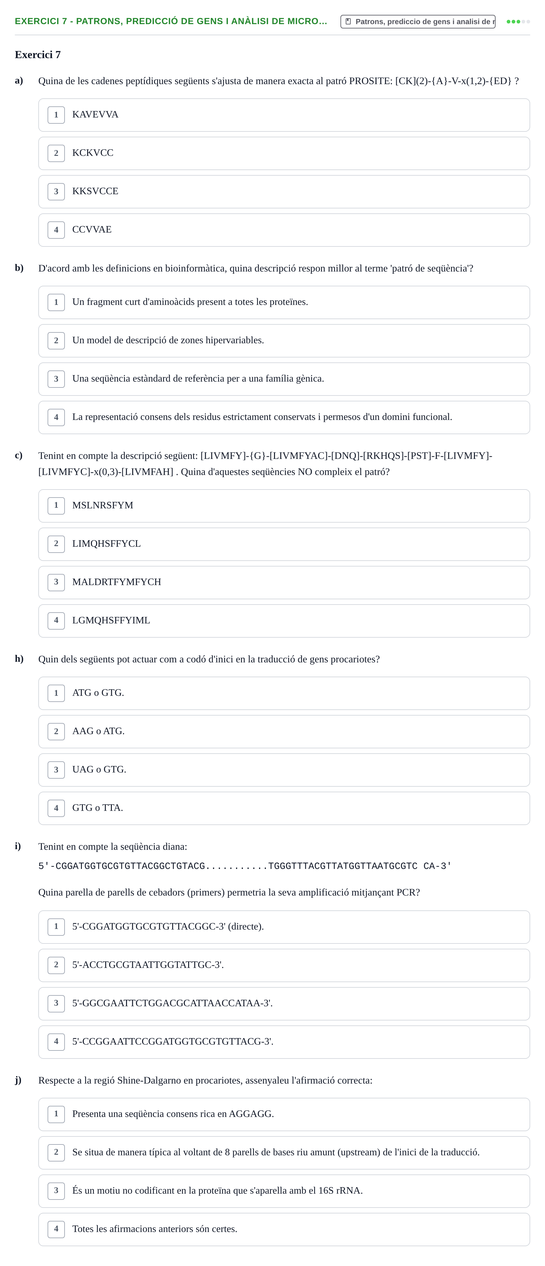 Enunciado: Ejercicio 7 - Patrons, predicció de gens i anàlisi de micro… · Biología II UB Examen de Bioinformàtica