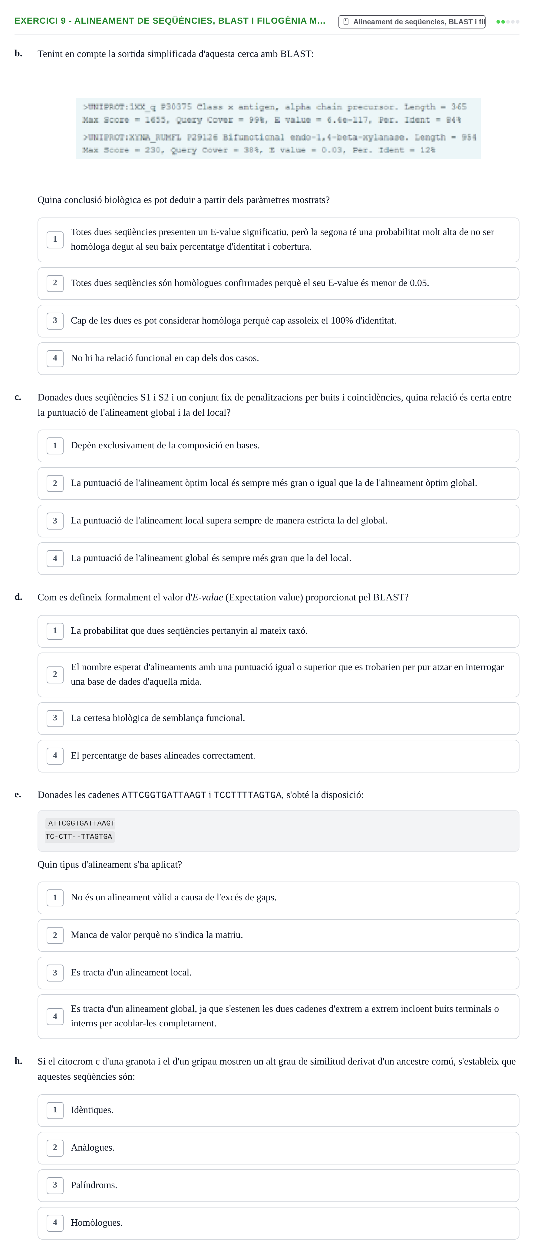 Enunciado: Ejercicio 9 - Alineament de seqüències, BLAST i filogènia m… · Biología II UB Examen de Bioinformàtica