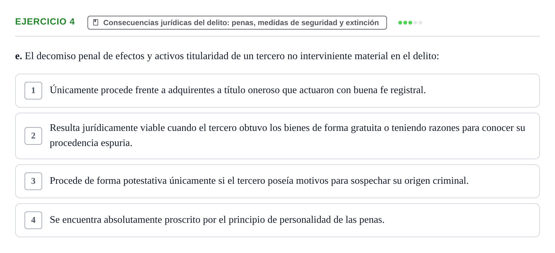 Enunciado: Ejercicio 4 - Consecuencias jurídicas del delito · Fonaments de Dret Penal i Teoria del Delicte UB Exámenes de test: Introducción al Derecho Penal y Teoría del Delito