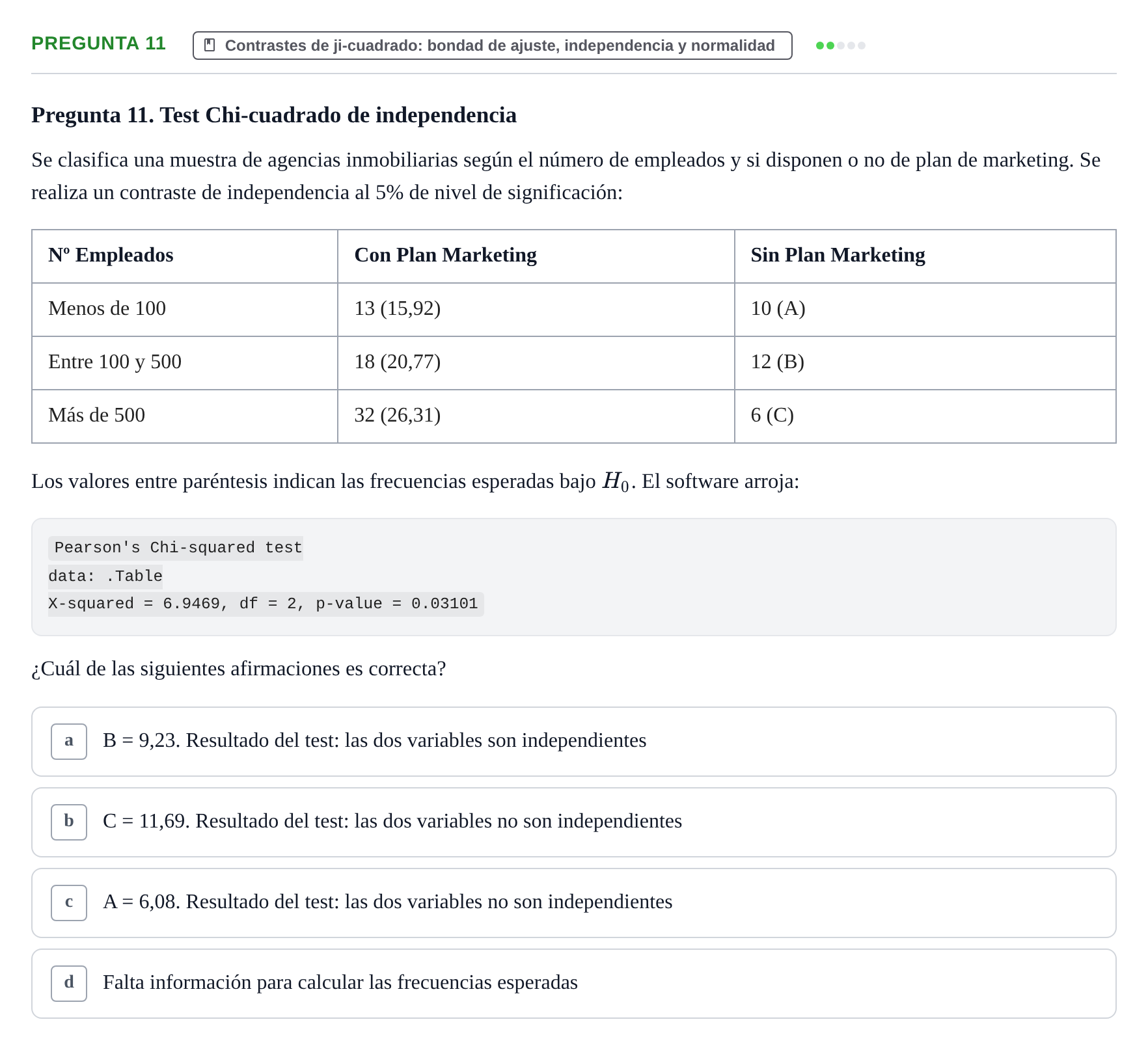 Enunciado: Pregunta 11 · Estadística II UB Examen final. Estadística II