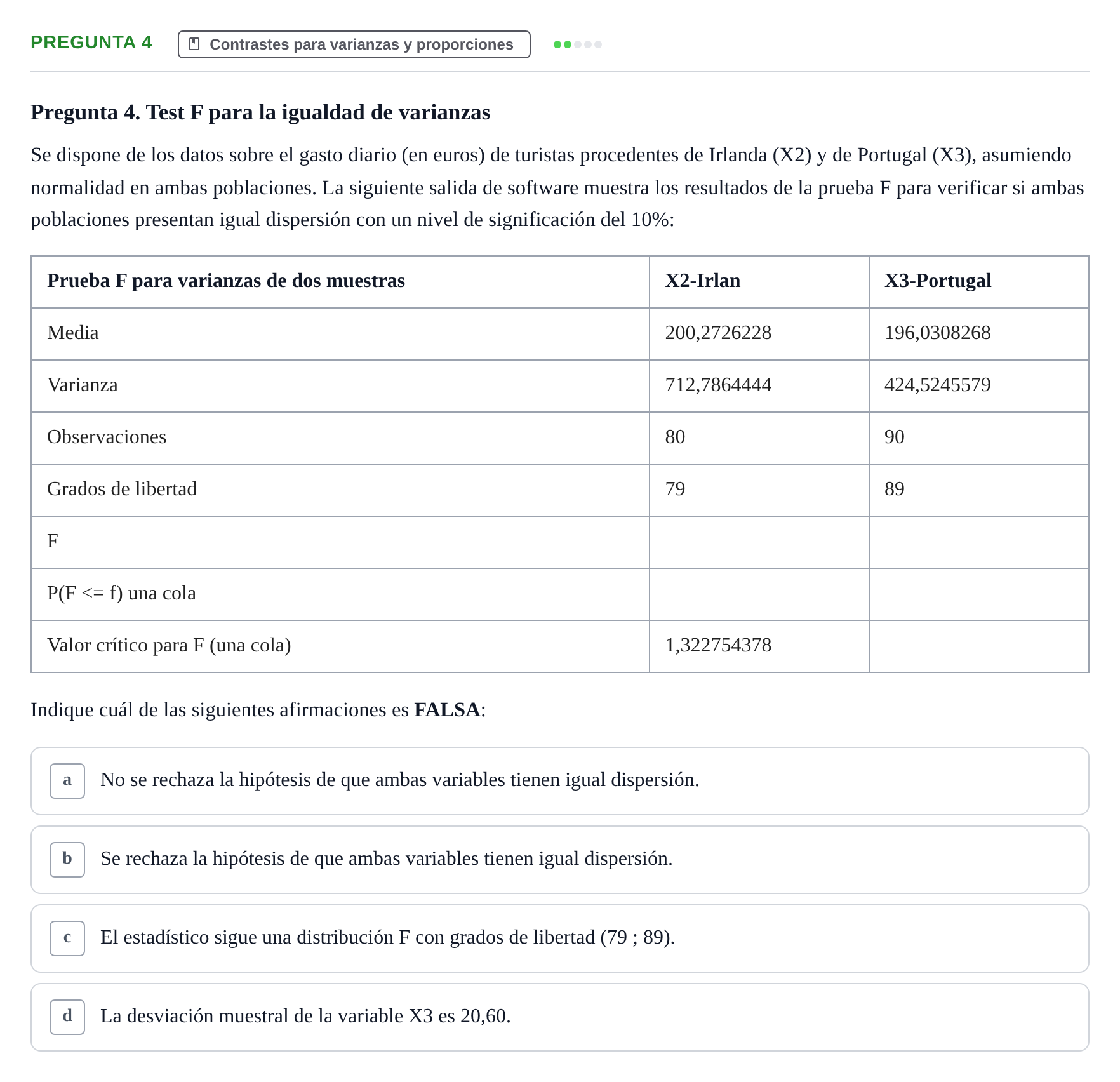 Enunciado: Pregunta 4 · Estadística II UB Examen final. Estadística II