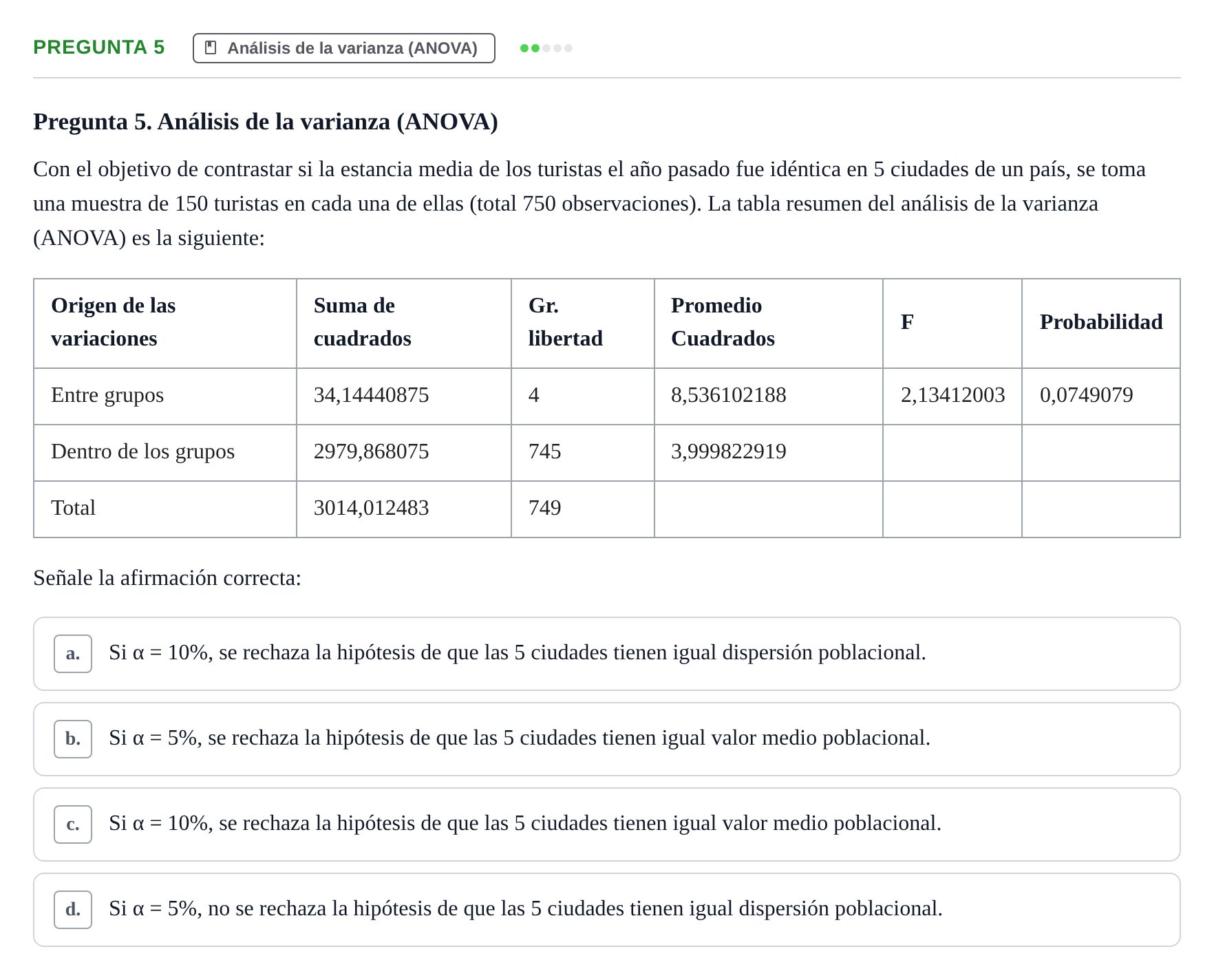 Enunciado: Pregunta 5 · Estadística II UB Examen final. Estadística II