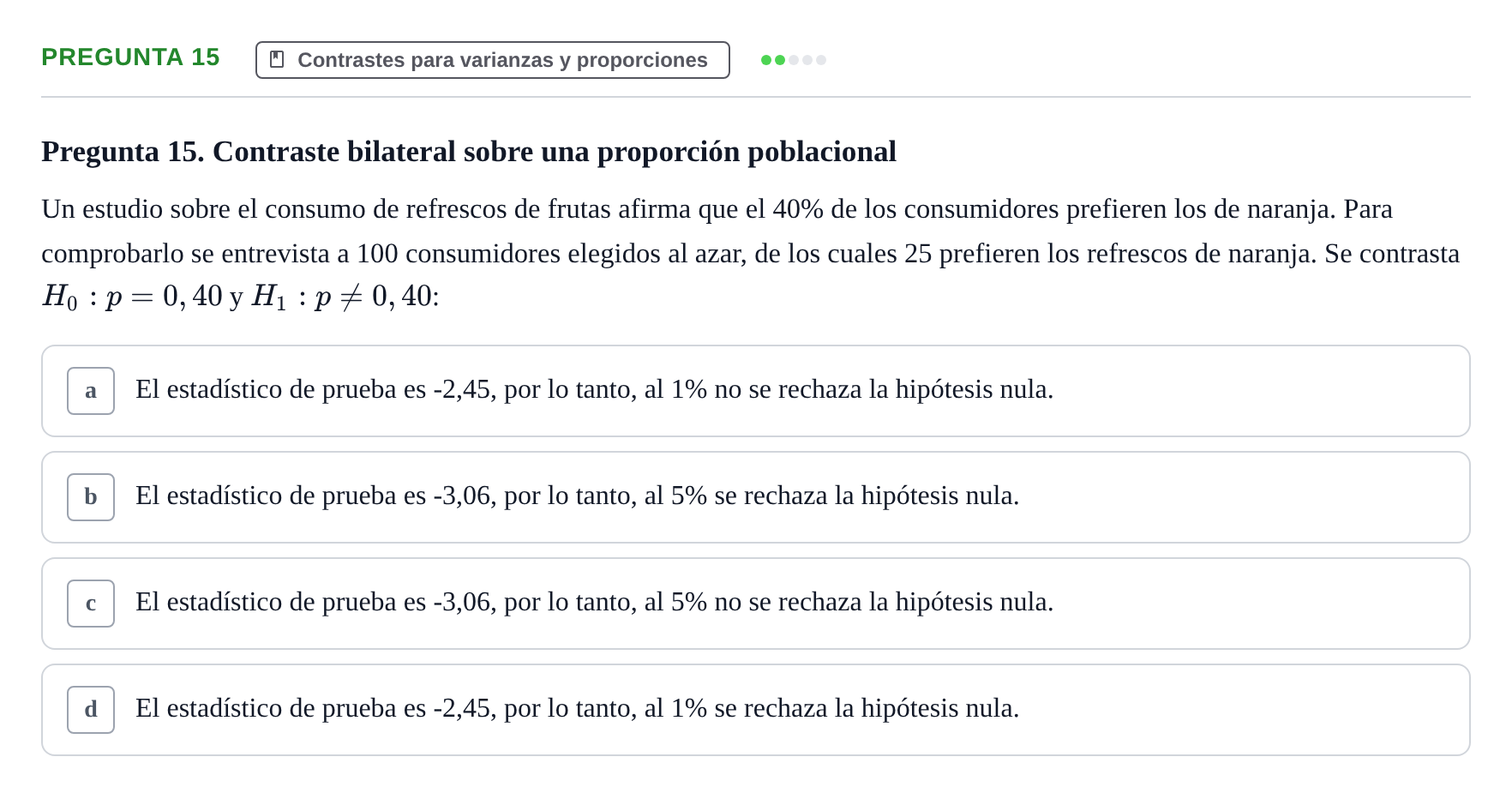 Enunciado: Pregunta 15 · Estadística II UB 2023